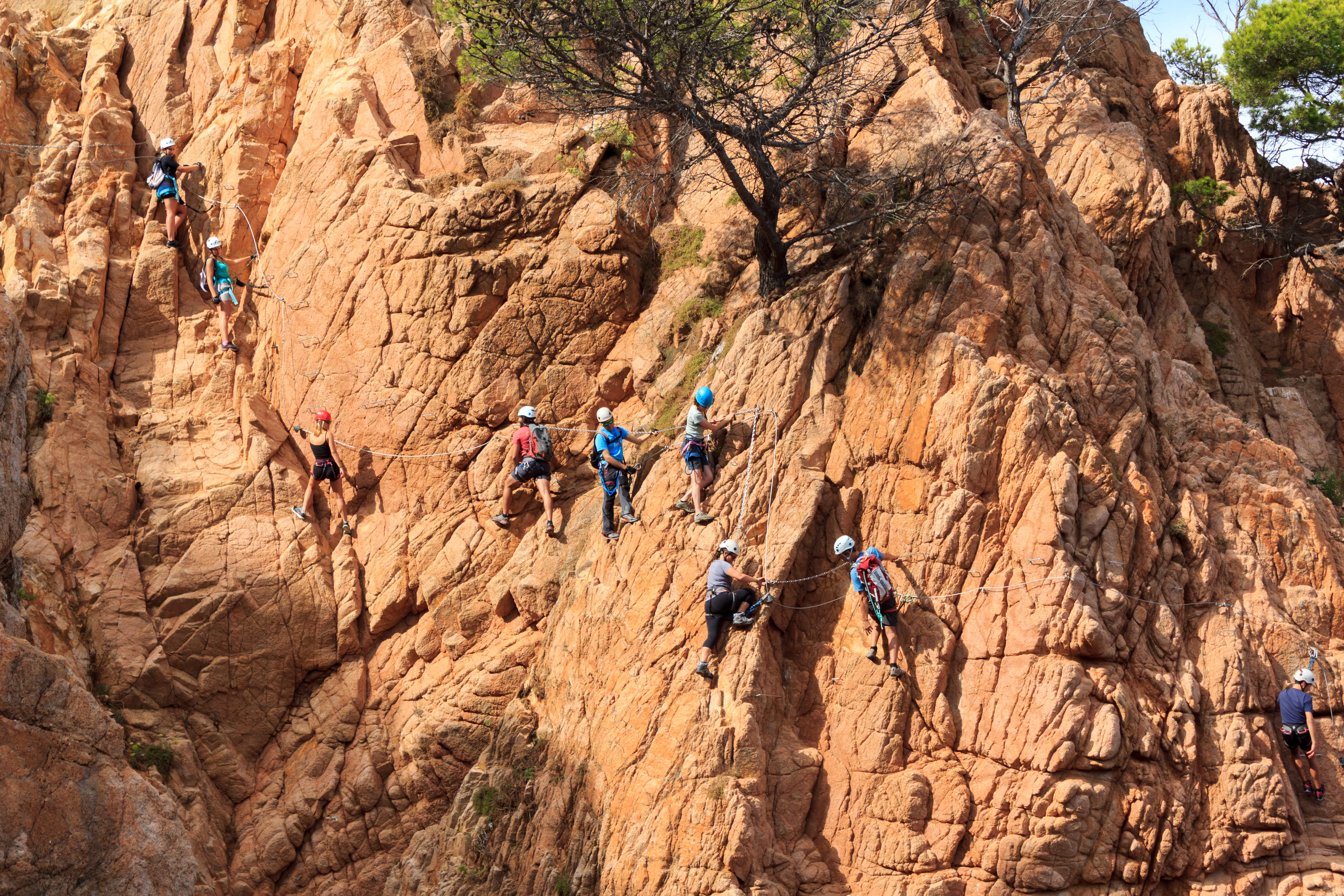 formation, sky, sport, extreme sports, outdoor, outdoors, helmet, brown, group, rock, extreme sport, safety harness, climbing, via ferratum, solid, male, HD Wallpaper
