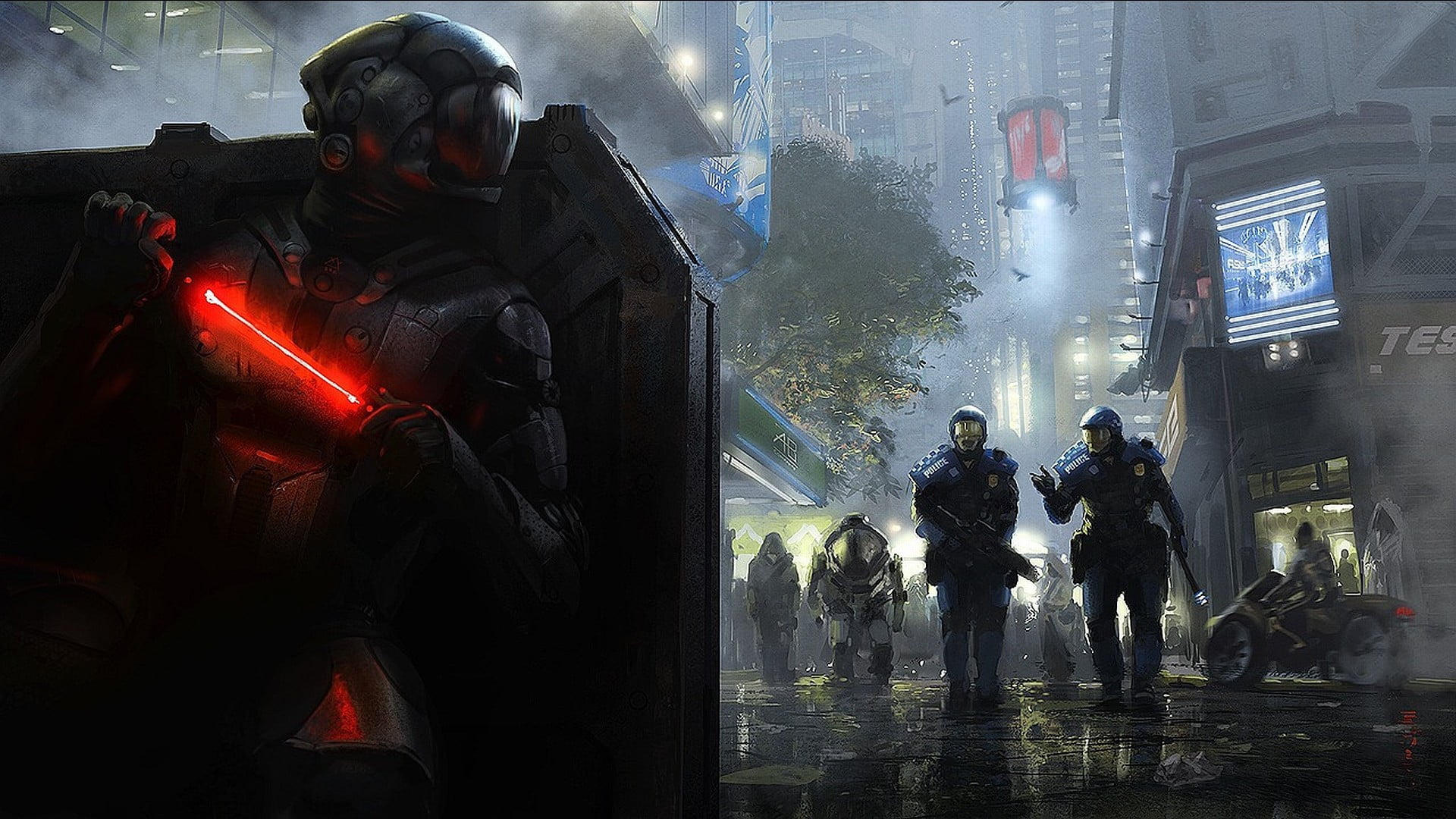 night, fantasy art, city, police force, protection, 1080P, science fiction, built structure, law, group of people, standing, concept art, artwork, military, HD Wallpaper