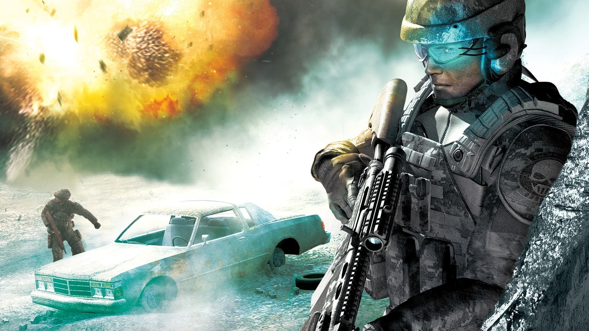 futuristic, explosion, mode of transportation, outdoors, adult, smoke - physical structure, men, spraying, machine gun, uniform, Tom Clancys Ghost Recon: Advanced Warfighter, HD Wallpaper