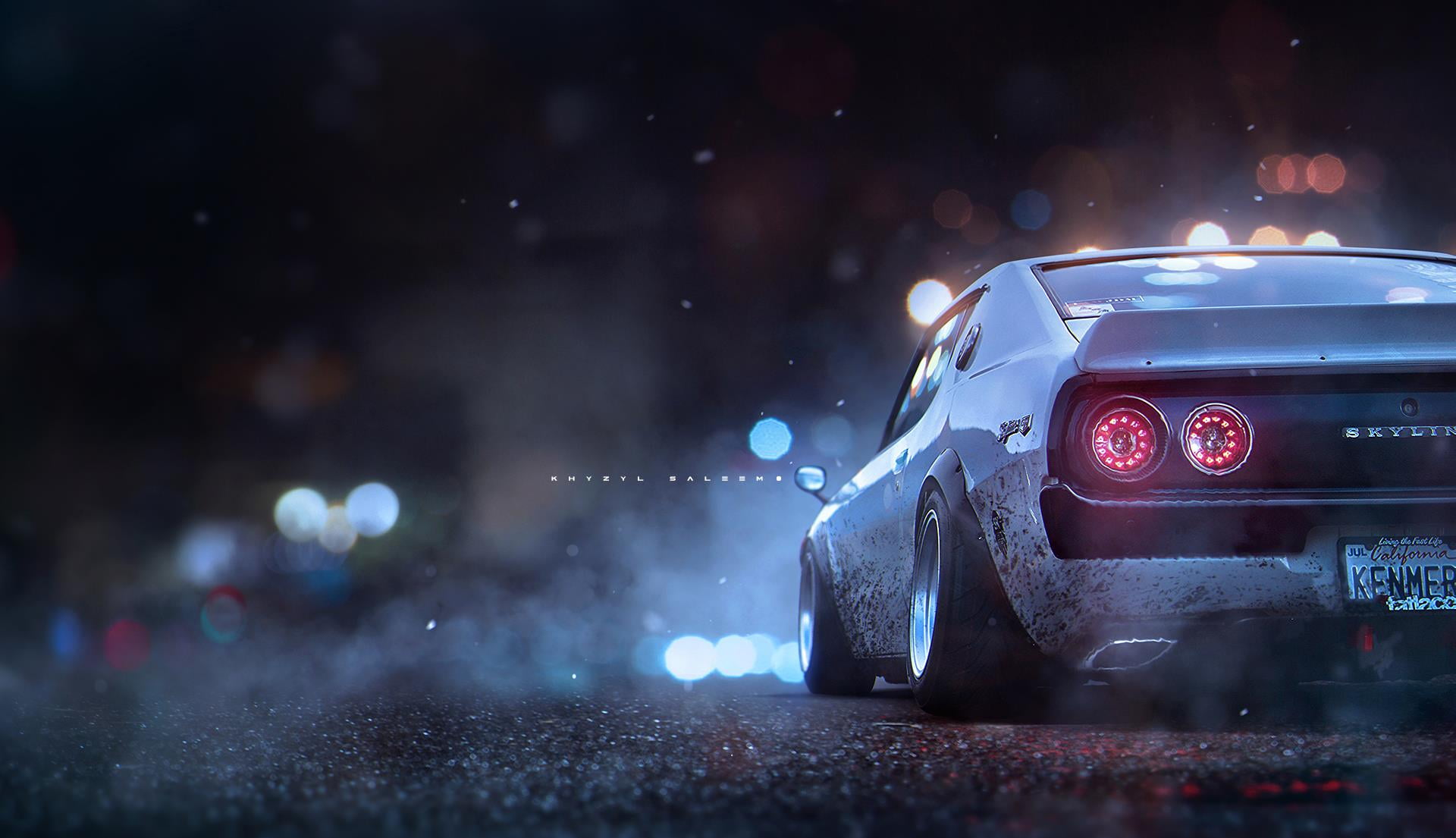 render, Nissan, digital art, 1080P, Khyzyl Saleem, Nissan Skyline 2000 GT-R, negative camber, Stance, HD Wallpaper