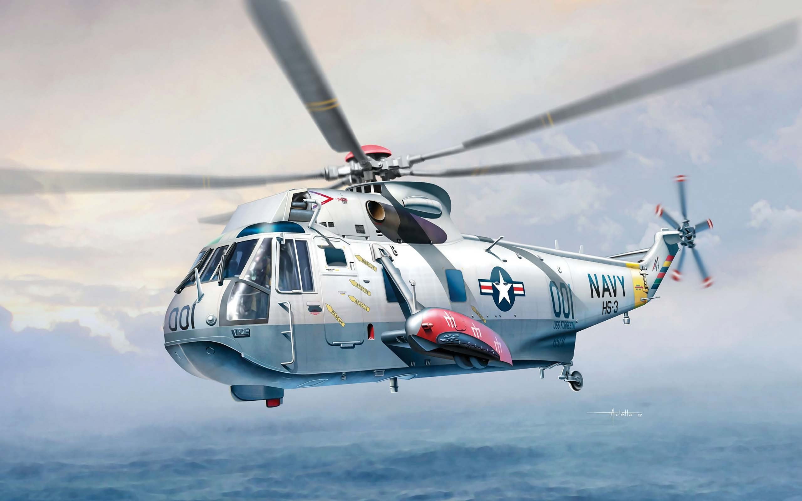 Sea, helicopter, military, day, cloud - sky, sky, 2K, airplane, army, Sikorsky, Navy, cockpit, transport, air force, anti-submarine, S-61-SH-3, King, mode of transportation, HD Wallpaper