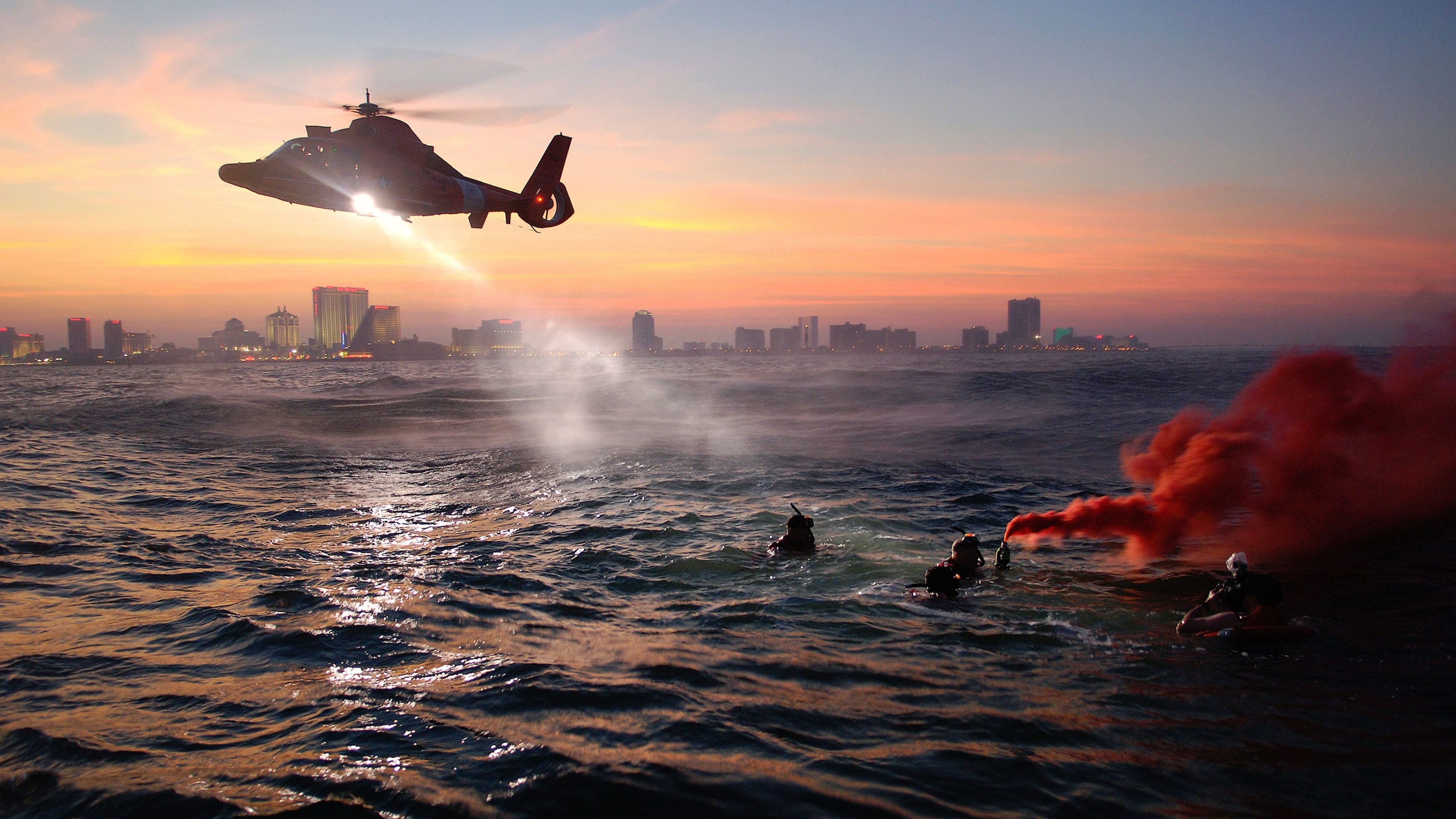 sea, black, coast guard, rescue helicopter, MEDEVAC, helicopter, night, rescue, training, 4K, HD Wallpaper