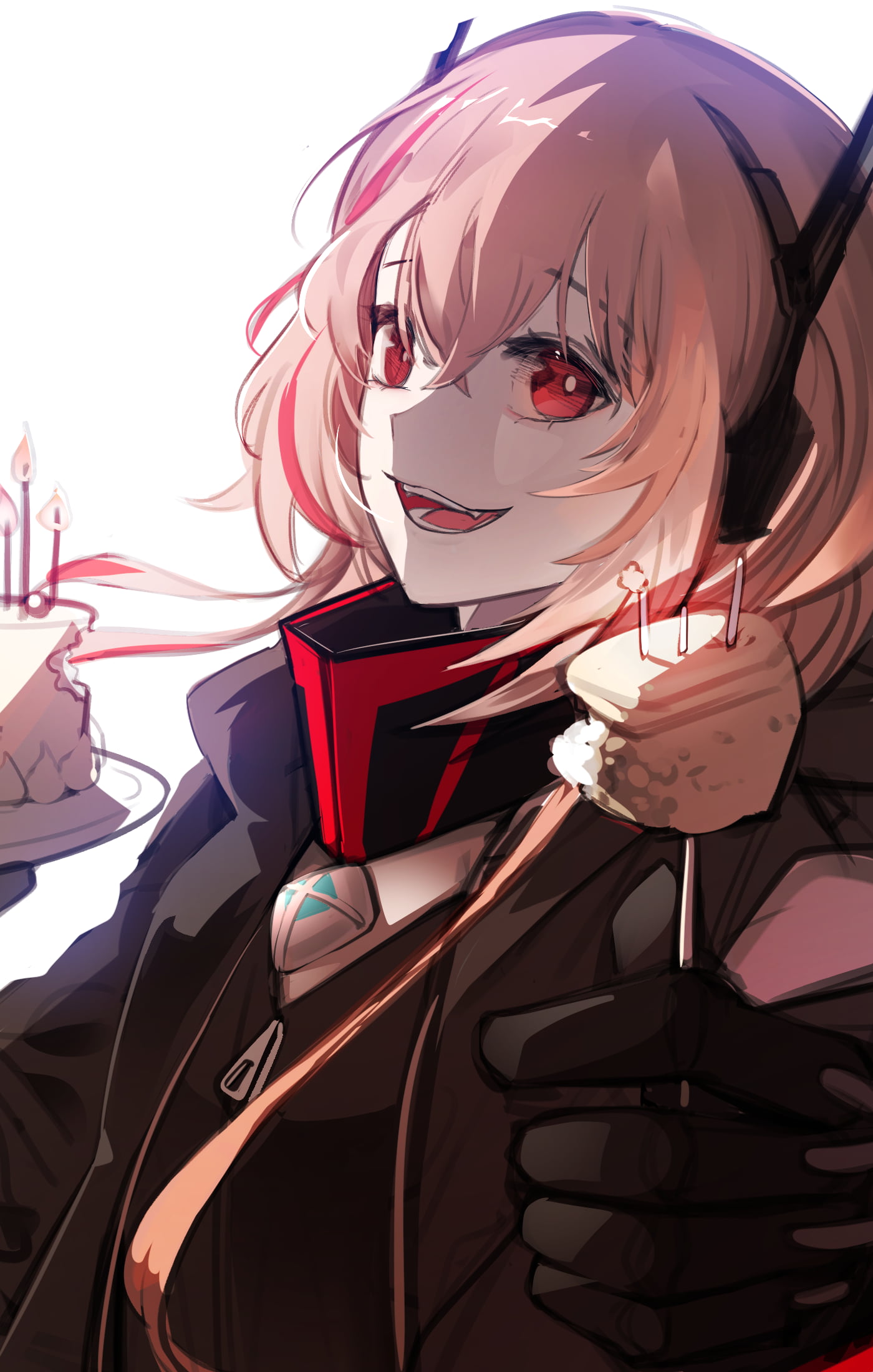 open mouth, Girls Frontline, artwork, white hair, portrait display, cake, anime girls, simple background, anime, M4 SOPMOD II (Girls Frontline), red eyes, Phone HD Wallpaper