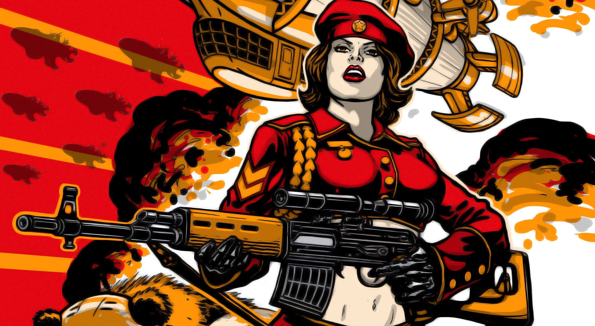 indoors, ra, guitar, human representation, multi colored, representation, Girl, woman, musical instrument, celebration, Red Alert, Command And Conquer, HD Wallpaper