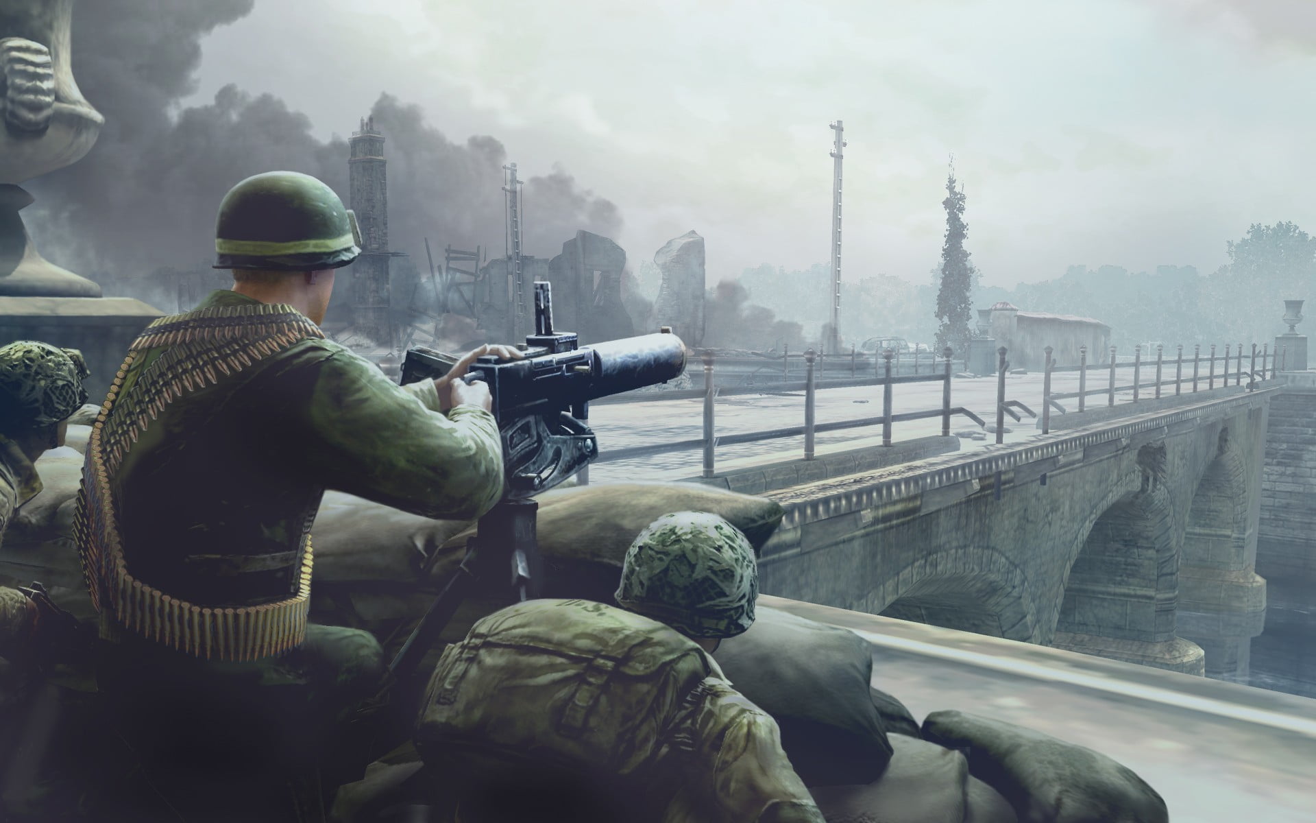 built structure, army soldier, weapon, outdoors, military, gun, rear view, Games, one person, company, architecture, nature, machine gun, real people, water, HD Wallpaper