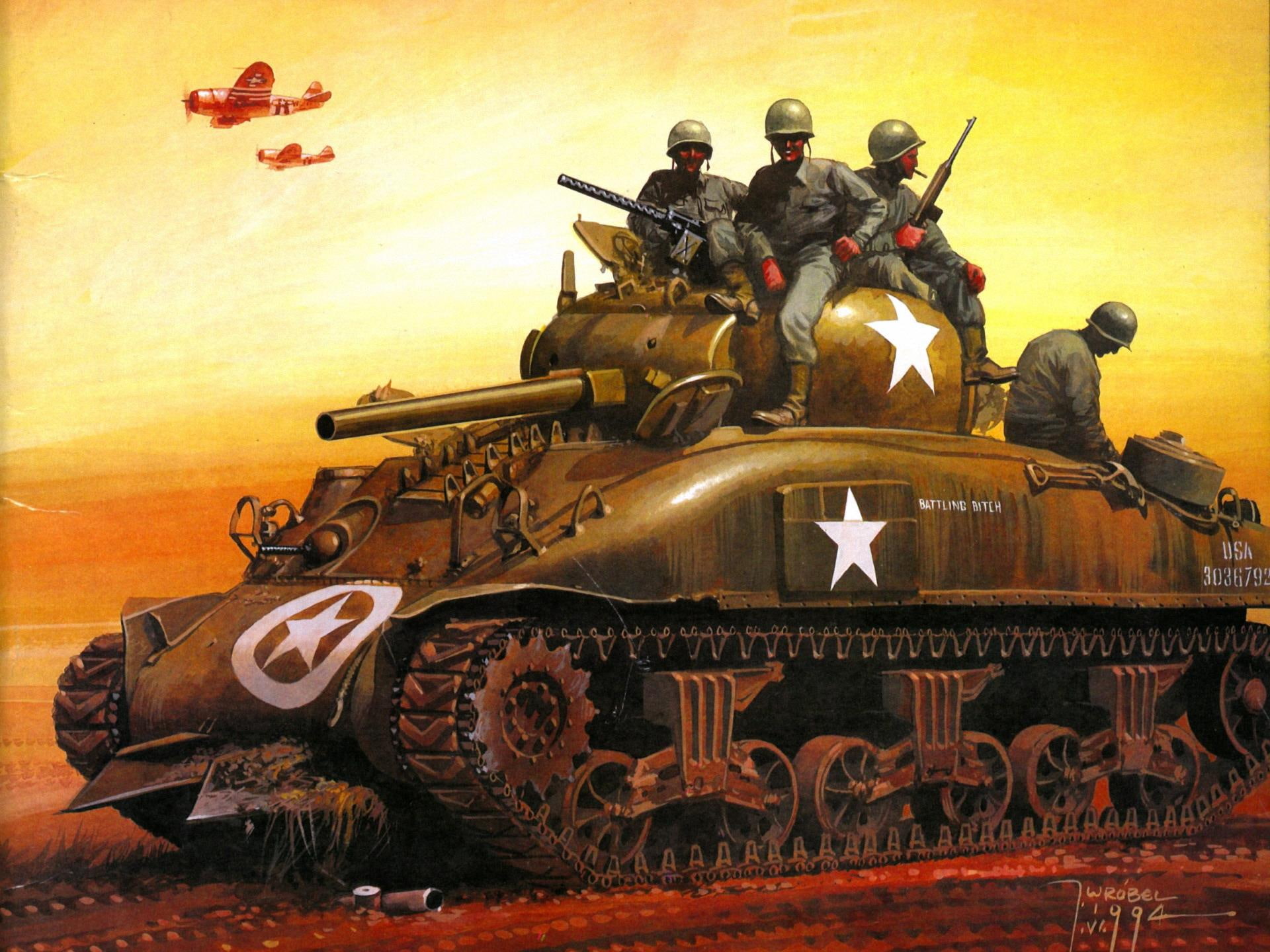 army, world, 1080P, tank, illustration, antique, classic, aircraft pl, sherman, soldiers, wwii, m, battle, drawing, top, painting, HD Wallpaper
