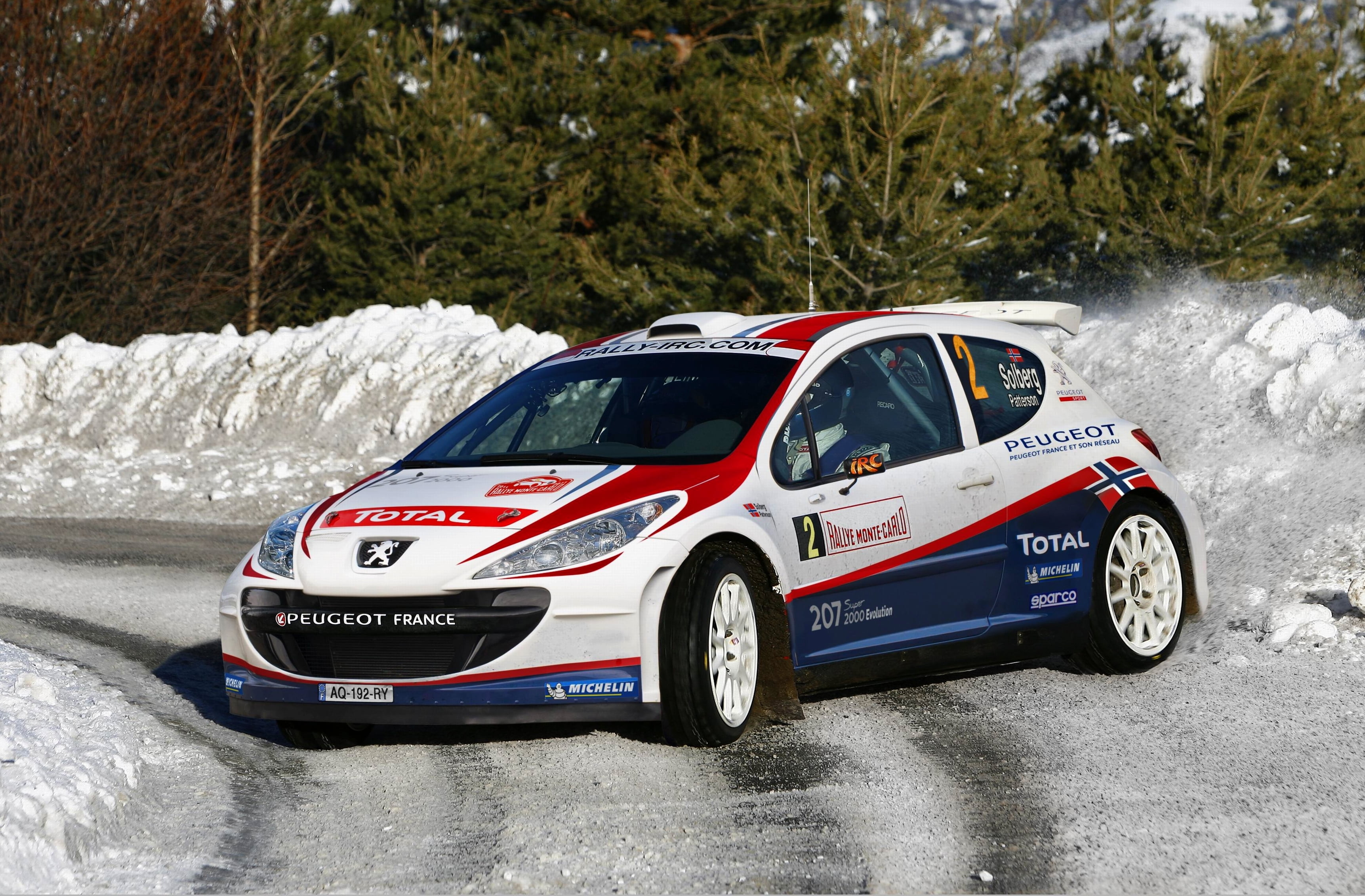 Turn, number, land vehicle, Sport, Race, Snow, motor vehicle, no people, Skid, speed, WRC, plant, tree, car, blue, transportation, 207, red, 2K, white, HD Wallpaper