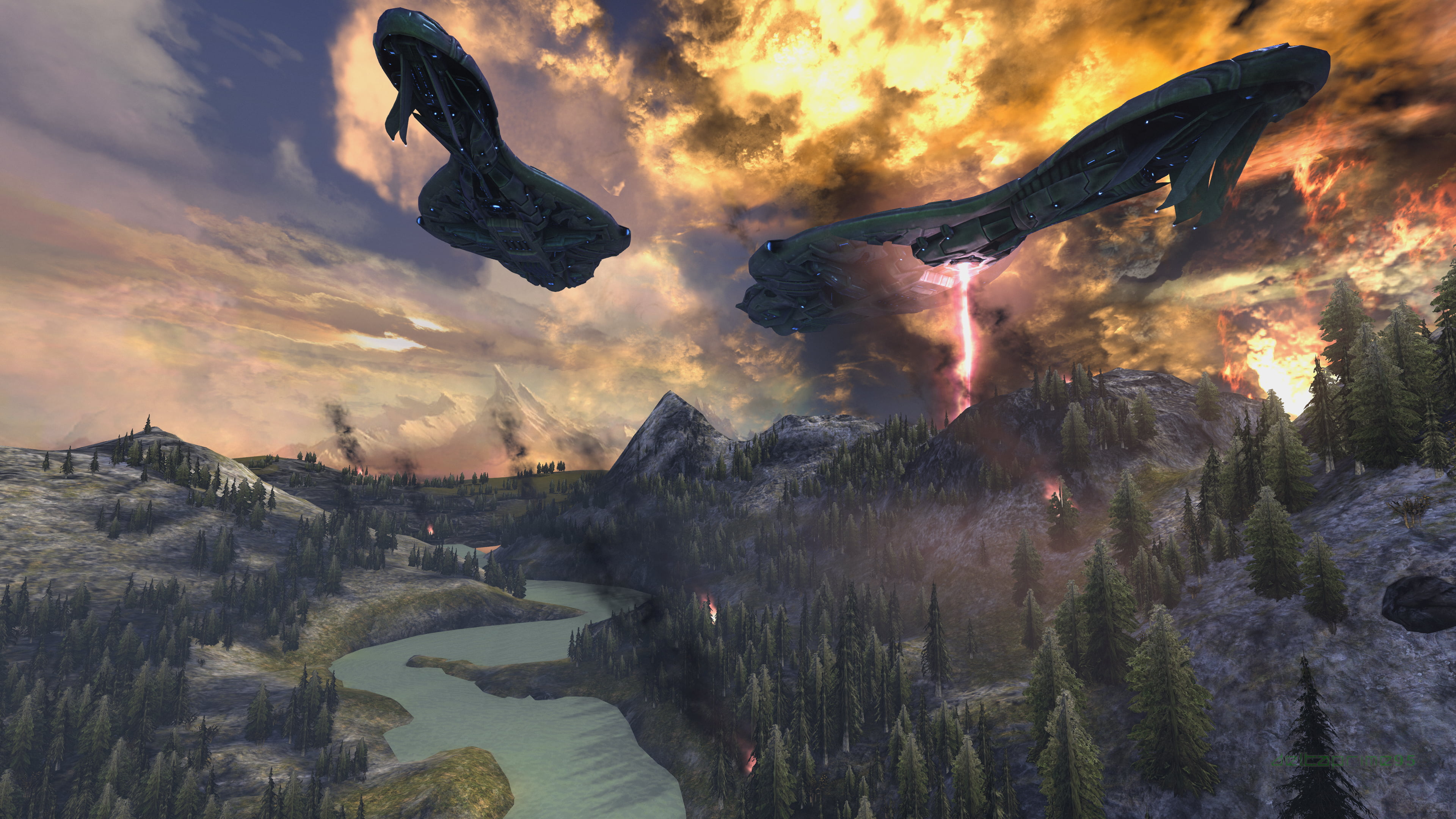 Highlands (Multiplayer Map), horizon, PC gaming, Battlecruiser, destruction, mountains, plasma, fire, Planet Reach, Covenant, 4K, Halo Reach, Glassing, HD Wallpaper