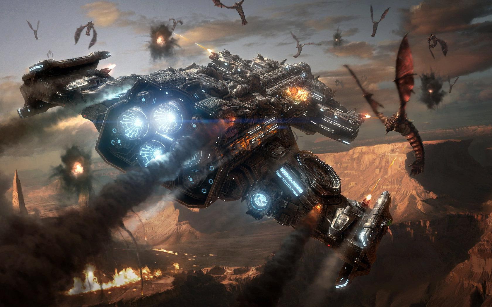 motion, Futuristic, dusk, water, flying, digital composite, sky, spaceship, no people, transportation, starcraft, reflection, outdoors, mode of transportation, HD Wallpaper