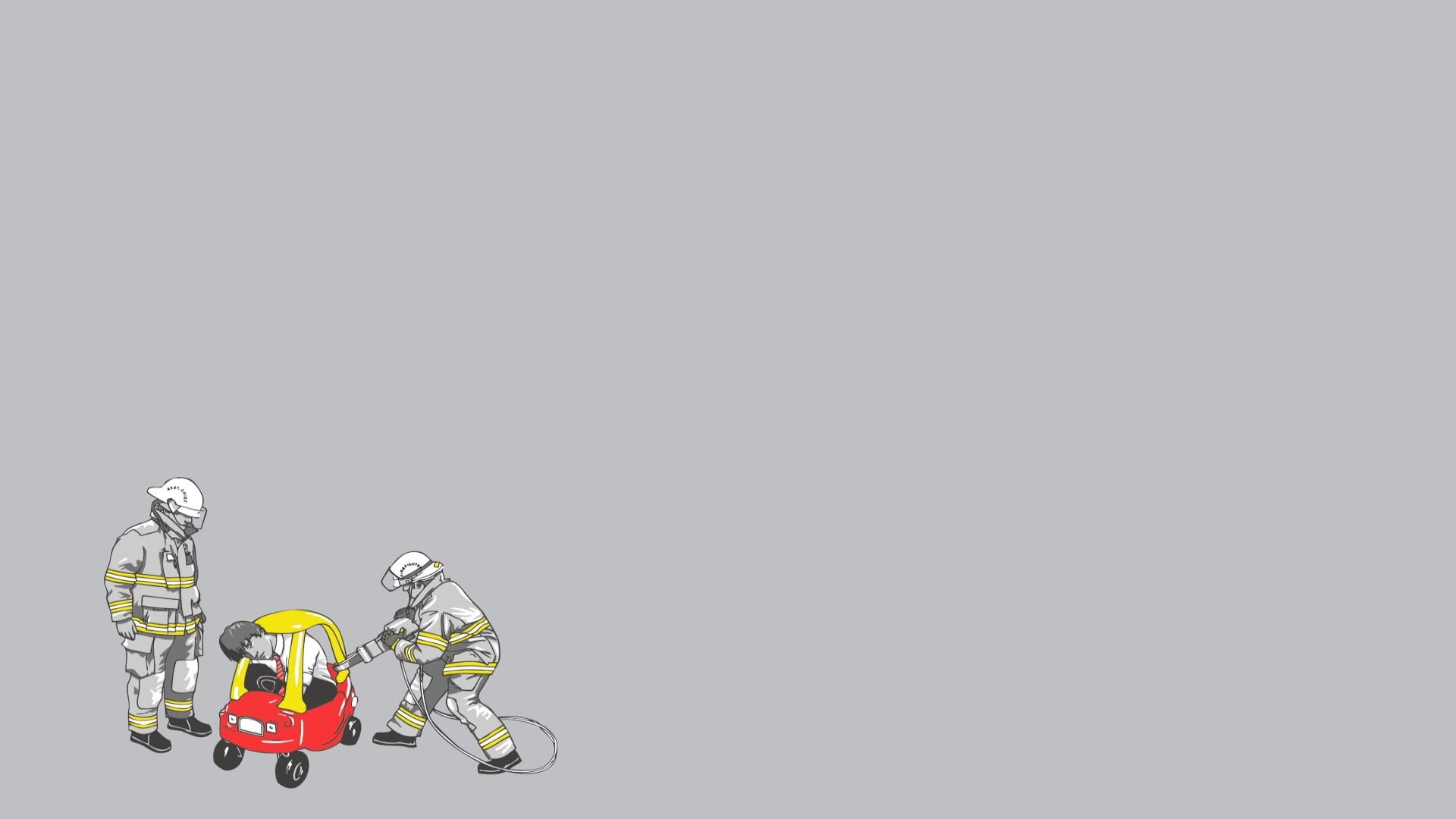 copy space, representation, toy, humor, sport, fireman, gray, headwear, minimalism, simple background, activity, yellow, artwork, illustration, red, studio shot, HD Wallpaper