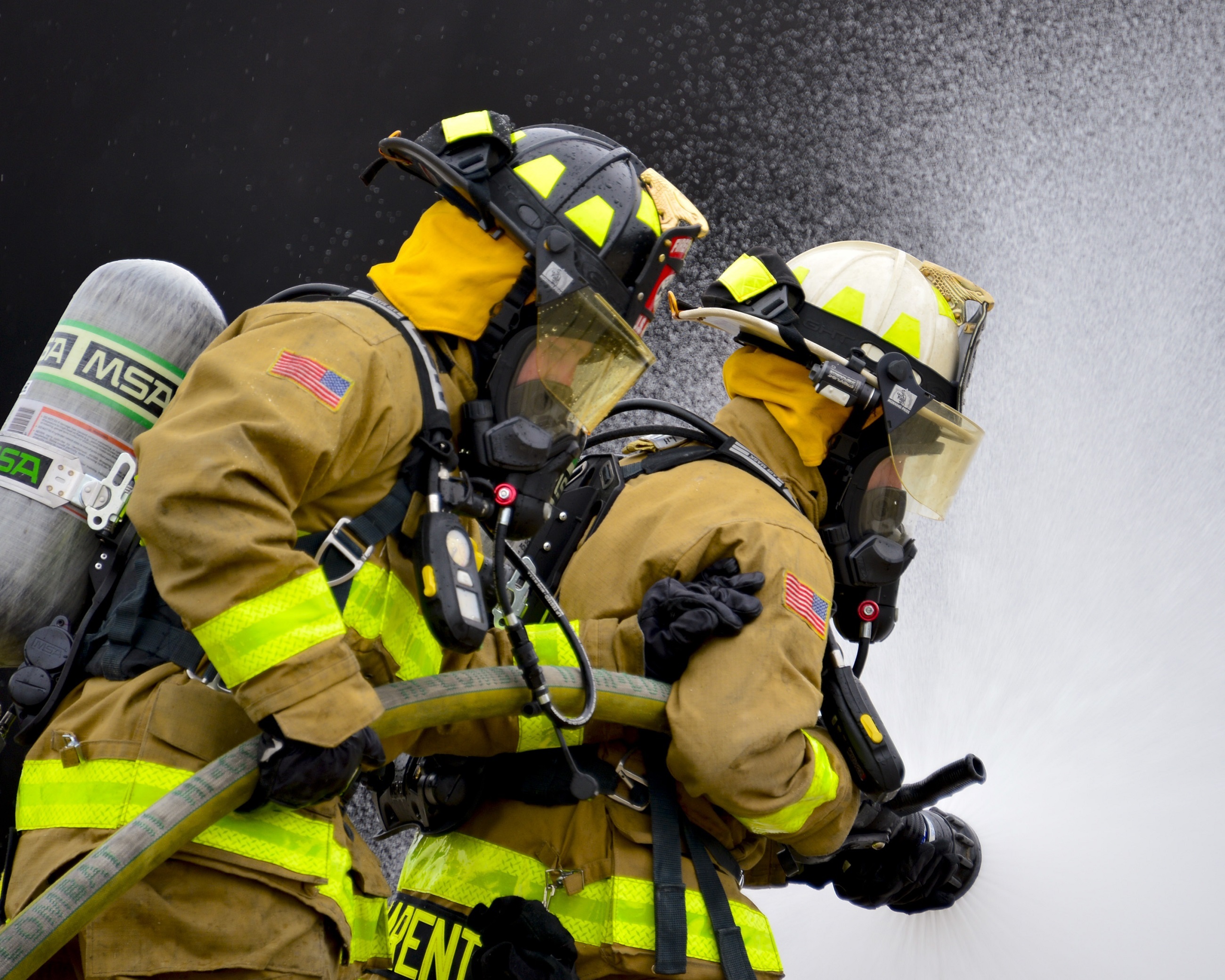 two, water, equipment, fire, protection, dangerous, fire hose, headwear, flames, hot, rescue, people, rescue worker, burn, men, sign, helmet, portrait, HD Wallpaper