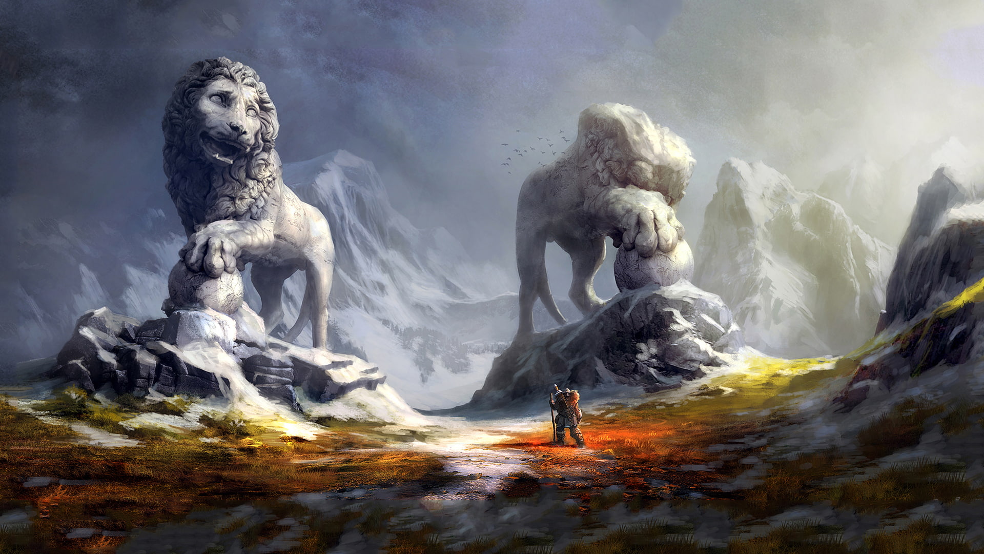 hd, game, fantasy, lion, griffin, statue, 1080P, drawing, HD Wallpaper