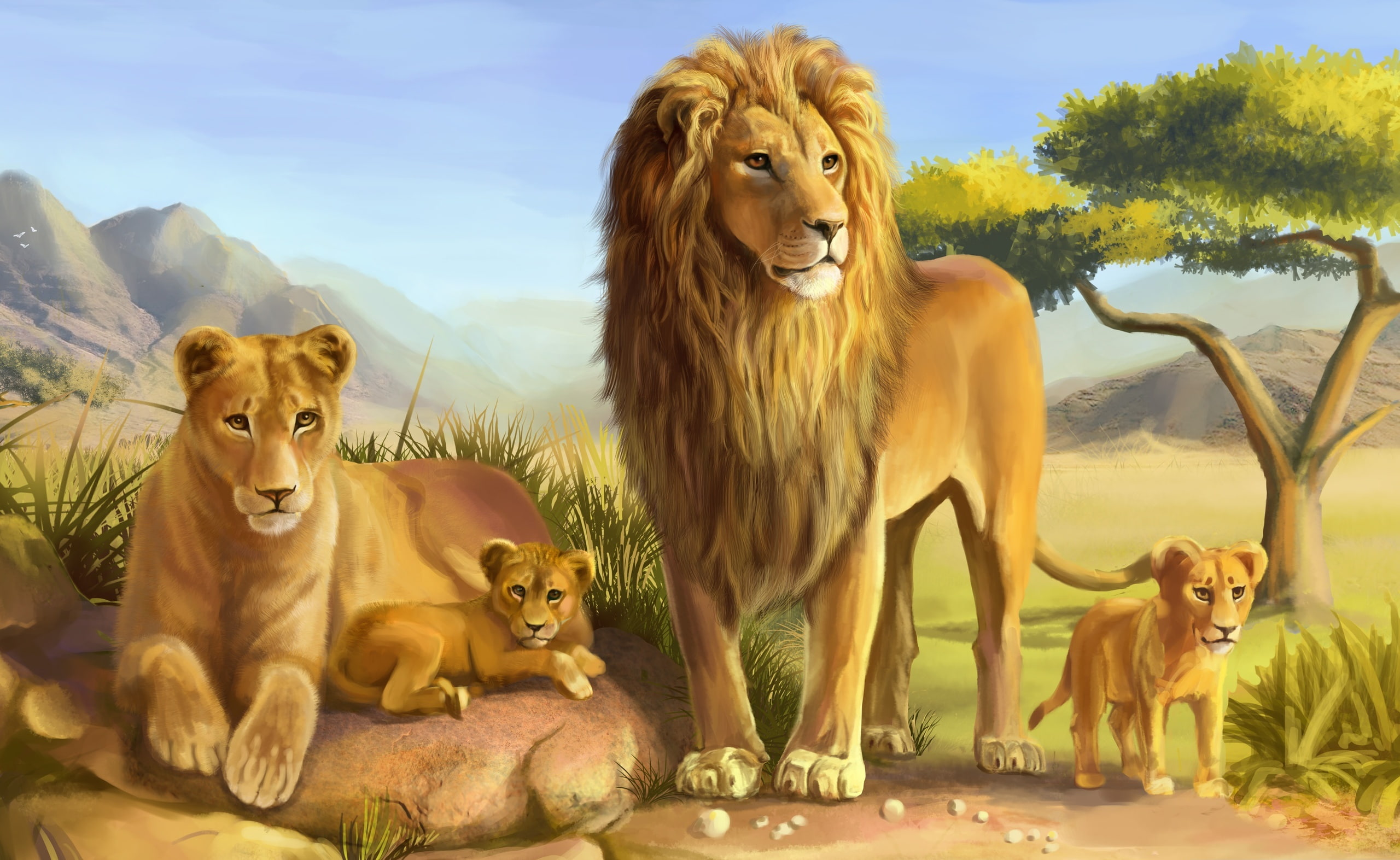 tree, animal, animal wildlife, nature, Wild, Artistic, two animals, cat, day, 2K, Animals, feline, no people, pets, Lions, photo, plant, vertebrate, animals in the wild, HD Wallpaper