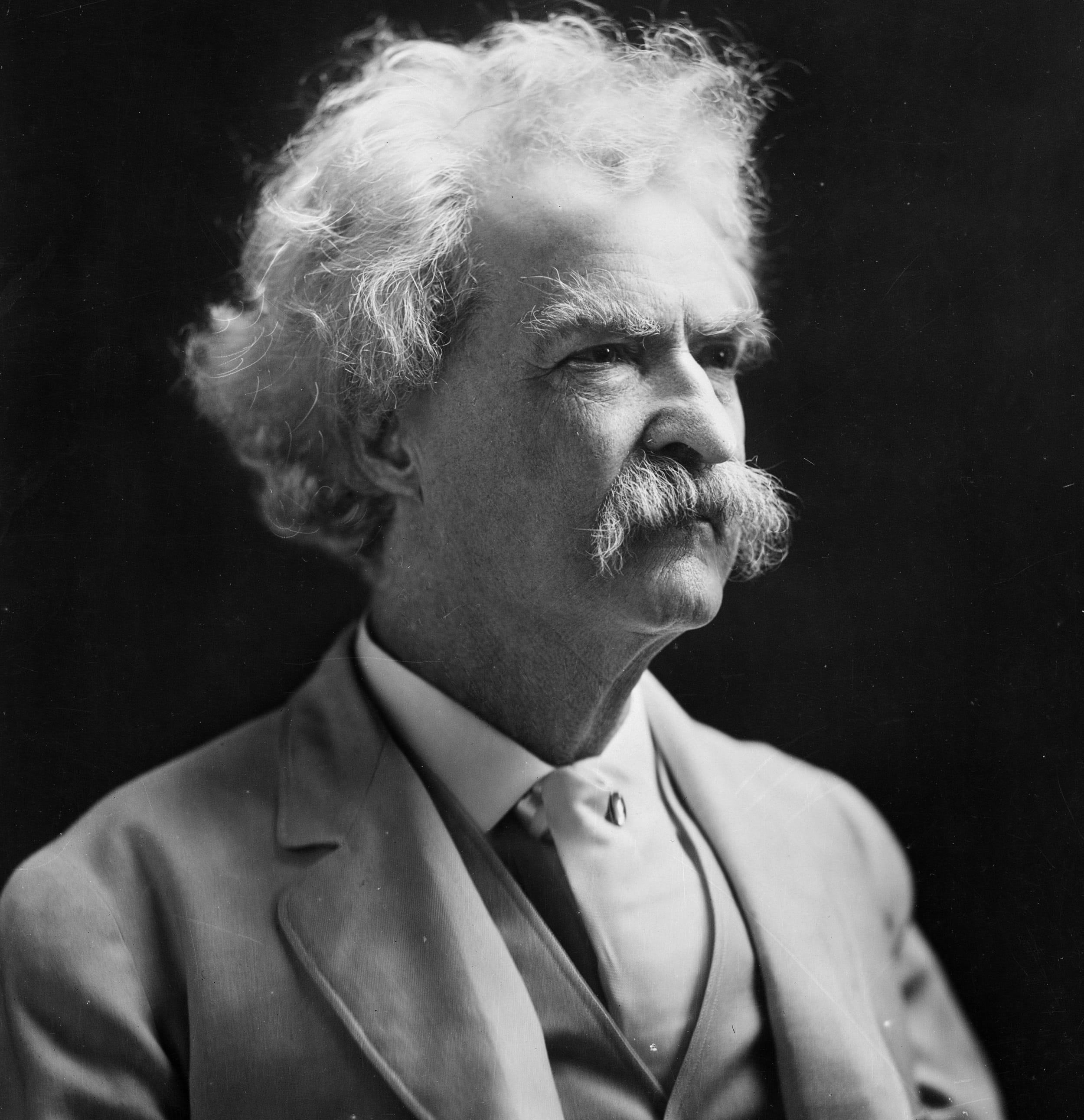 mark twain, menswear, monochrome, portrait, person, historical, indoors, 2K, headshot, senior adult, real people, studio shot, scale, men, formal, black background, Phone HD Wallpaper