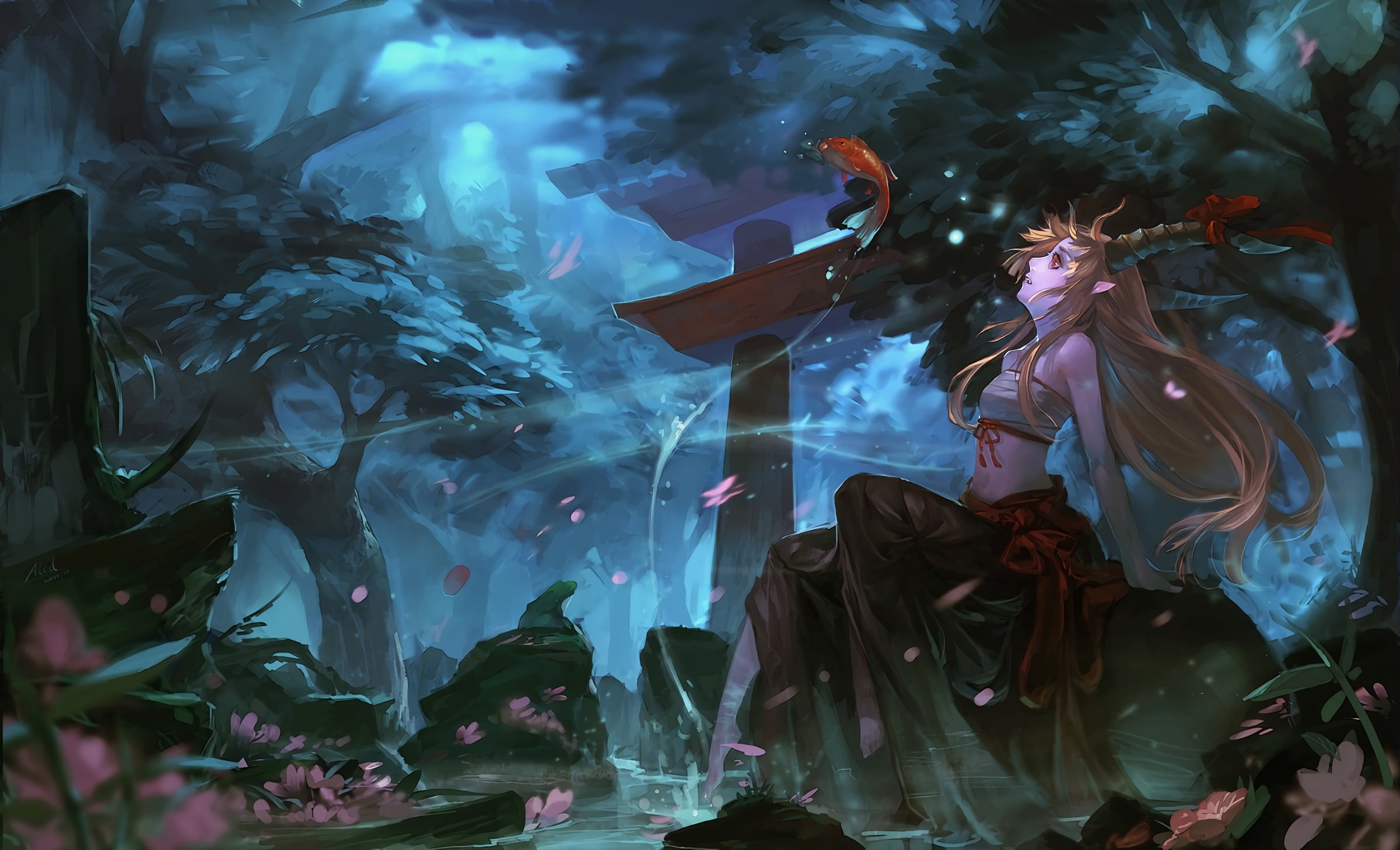 Touhou, pond, anime girls, night, Ibuki Suika, fantasy art, Onigirl, Japanese Garden, horns, anime, 1080P, fish, HD Wallpaper