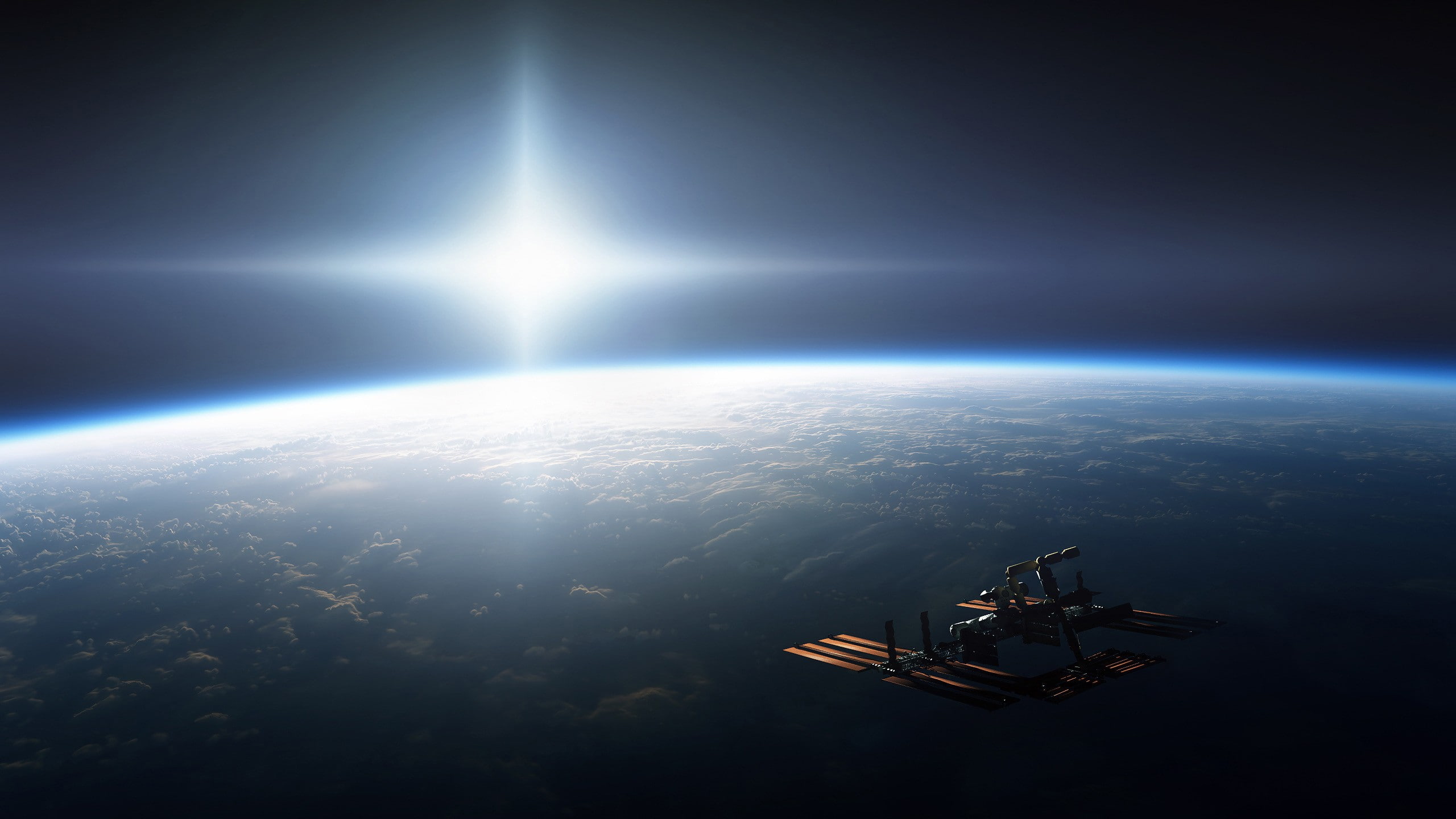 lens flare, 2K, ISS, Sun, space, Earth, International Space Station, HD Wallpaper