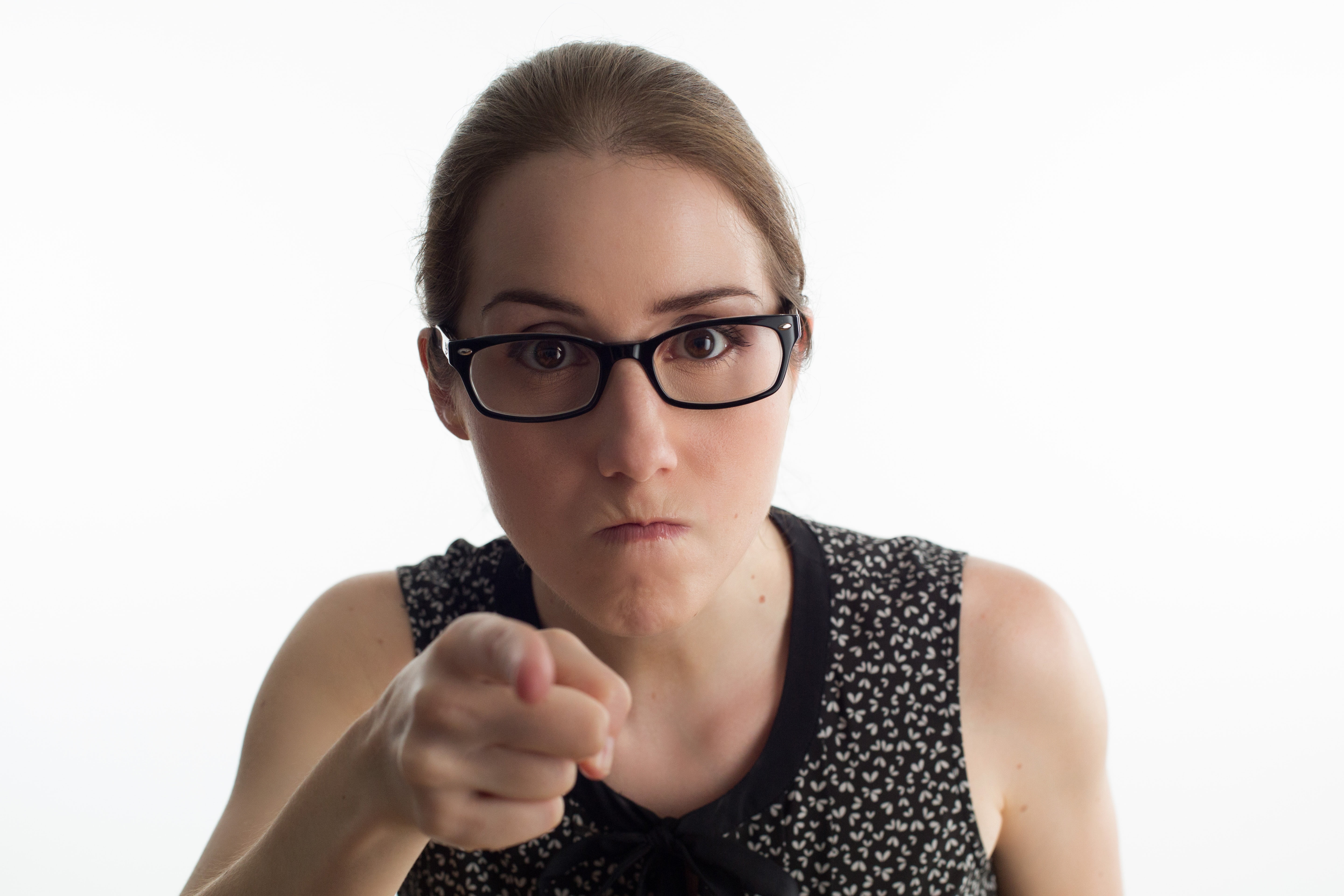 headshot, glasses, secretary, one person, 5K, indoors, aggression, serious, angry, portrait, communication, white background, looking at camera, employee, HD Wallpaper