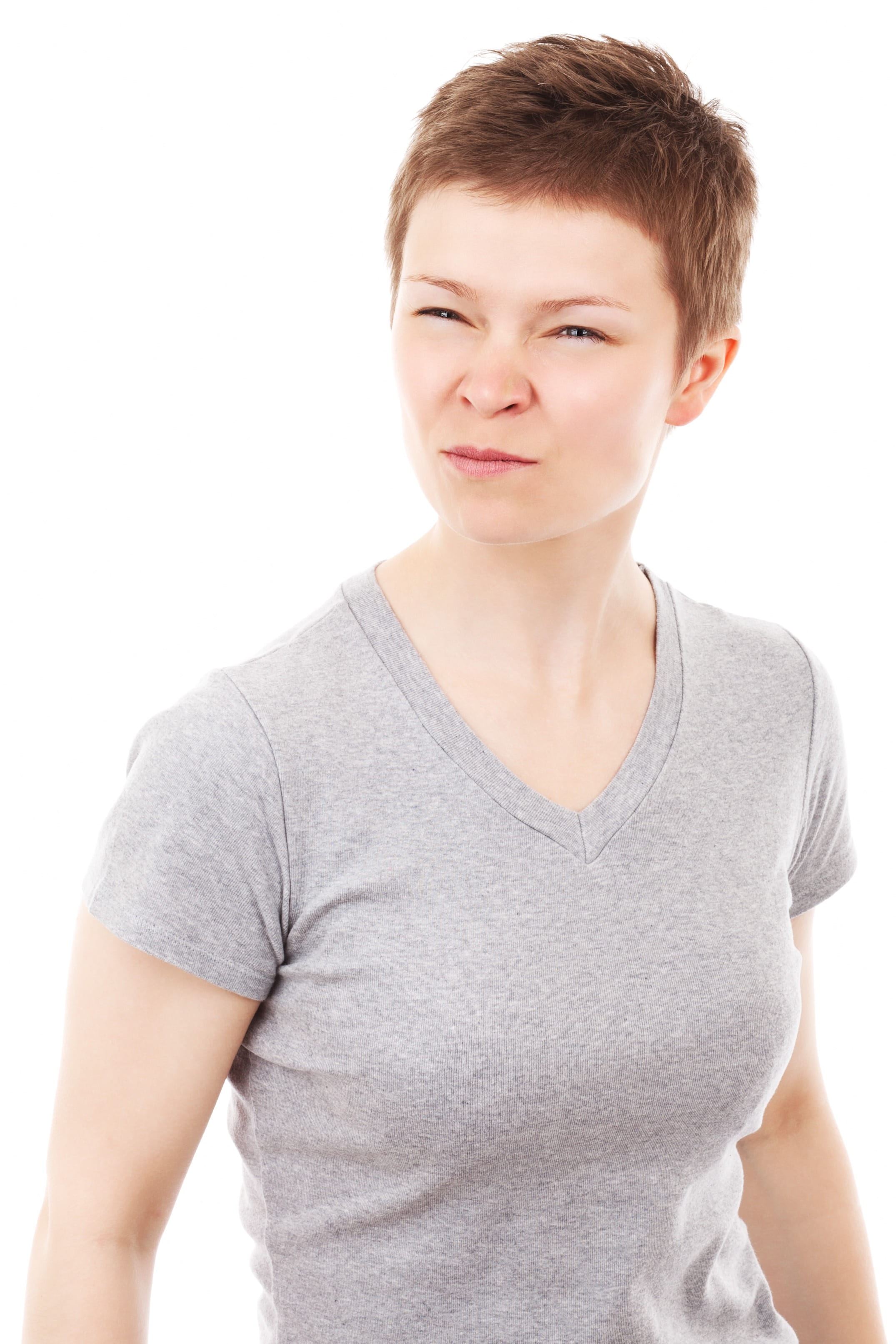 portrait, people, neck, looking at camera, evil, front view, girl, blonde, v-neck shirt, teenager, white background, indoors, bad, isolated, casual clothing, Phone HD Wallpaper