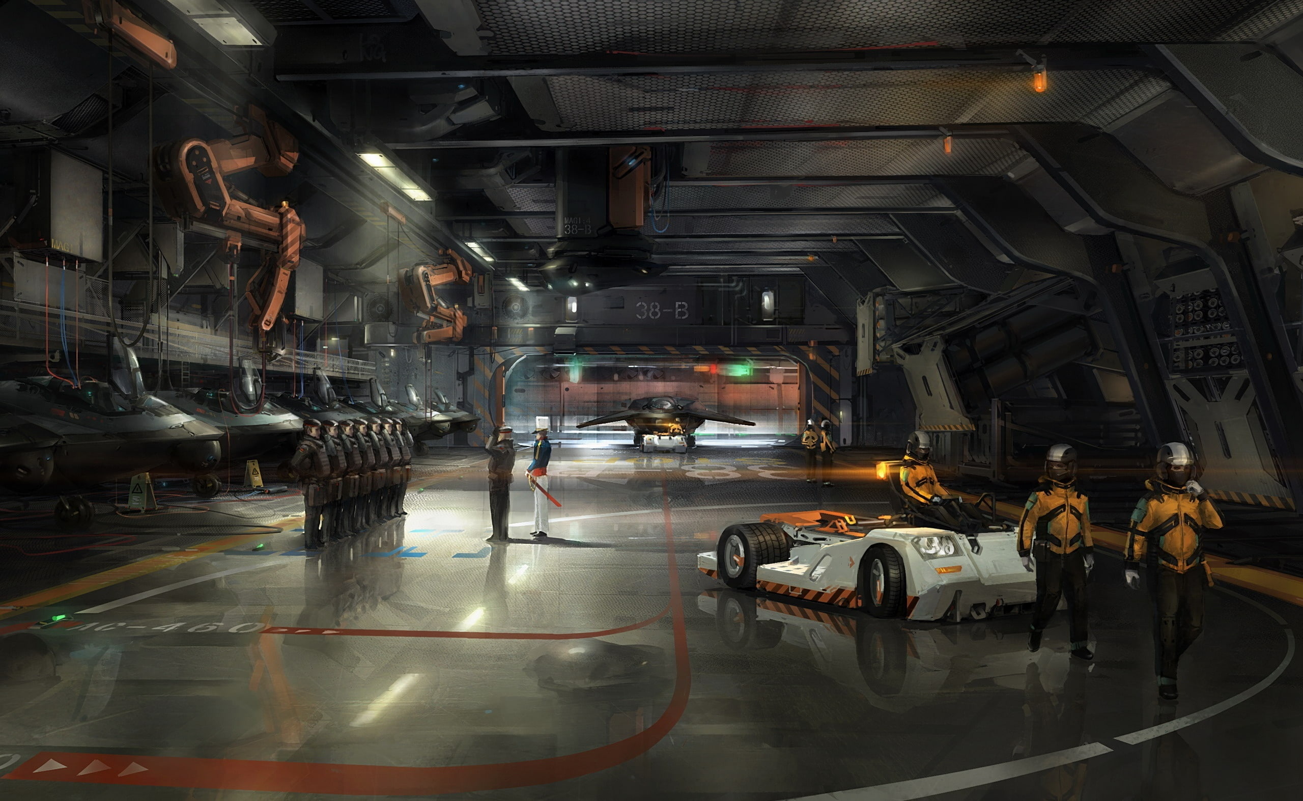 indoors, land vehicle, Artistic, industry, garage, occupation, architecture, real people, hangar, illuminated, 2K, day, spaceship, repairing, HD Wallpaper
