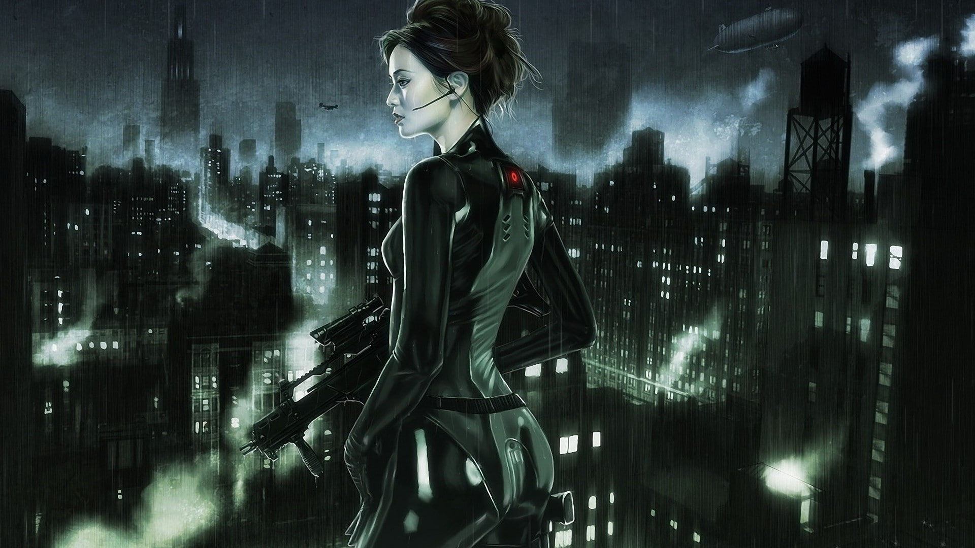 water, architecture, women, fantasy art, HandK G36, night, city, 1080P, hairstyle, office building exterior, adult, beauty, building exterior, digital composite, HD Wallpaper