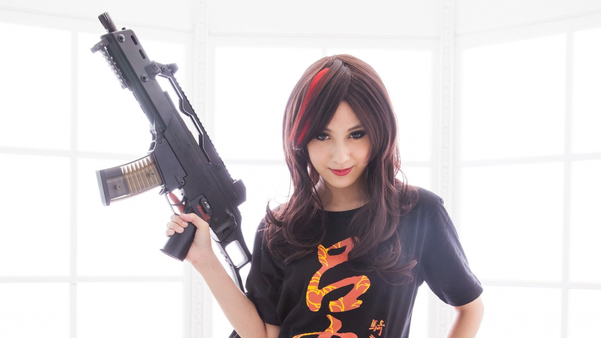 look, weapons, light, HK G36, 1080P, brunette, girl, HD Wallpaper