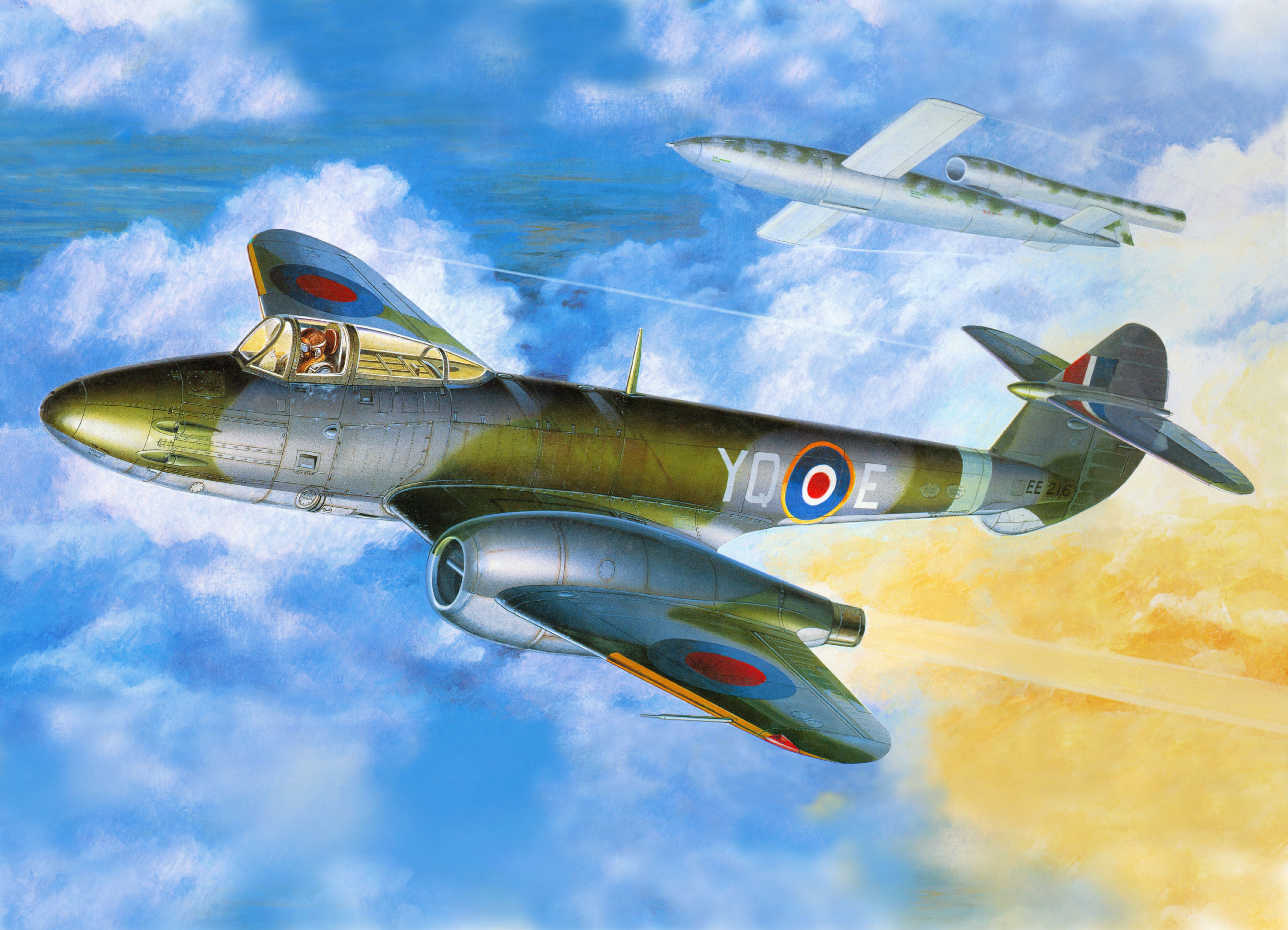 8K, aircraft, V-1, warplanes, Royal Airforce, artwork, military aircraft, Gloster Meteor, military, V-2, HD Wallpaper