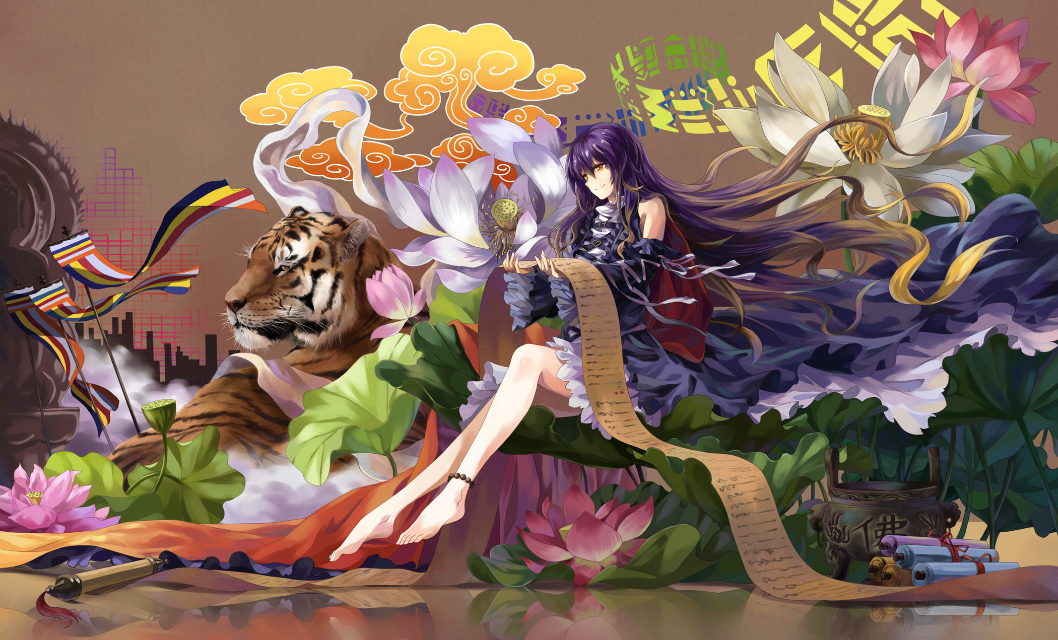 yanshoujie, byakuren, neko, 1080P, tiger, hijiri, touhou, HD Wallpaper