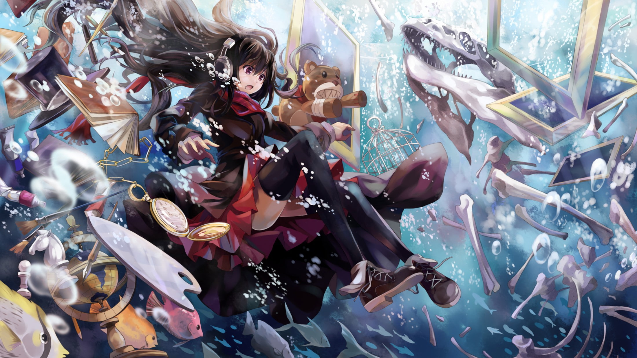 black hair, 1080P, thigh-highs, headphones, anime girls, NEKO (Yanshoujie), original characters, HD Wallpaper