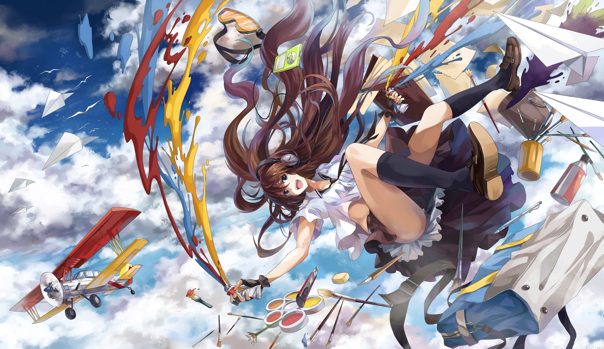 headphones, yanshoujie, clouds, knife, long, blue, hair, eyes, seifuku, gloves, animal, skirt, neko, original, brown, aircraft, 1080P, sky, glasses, book, HD Wallpaper