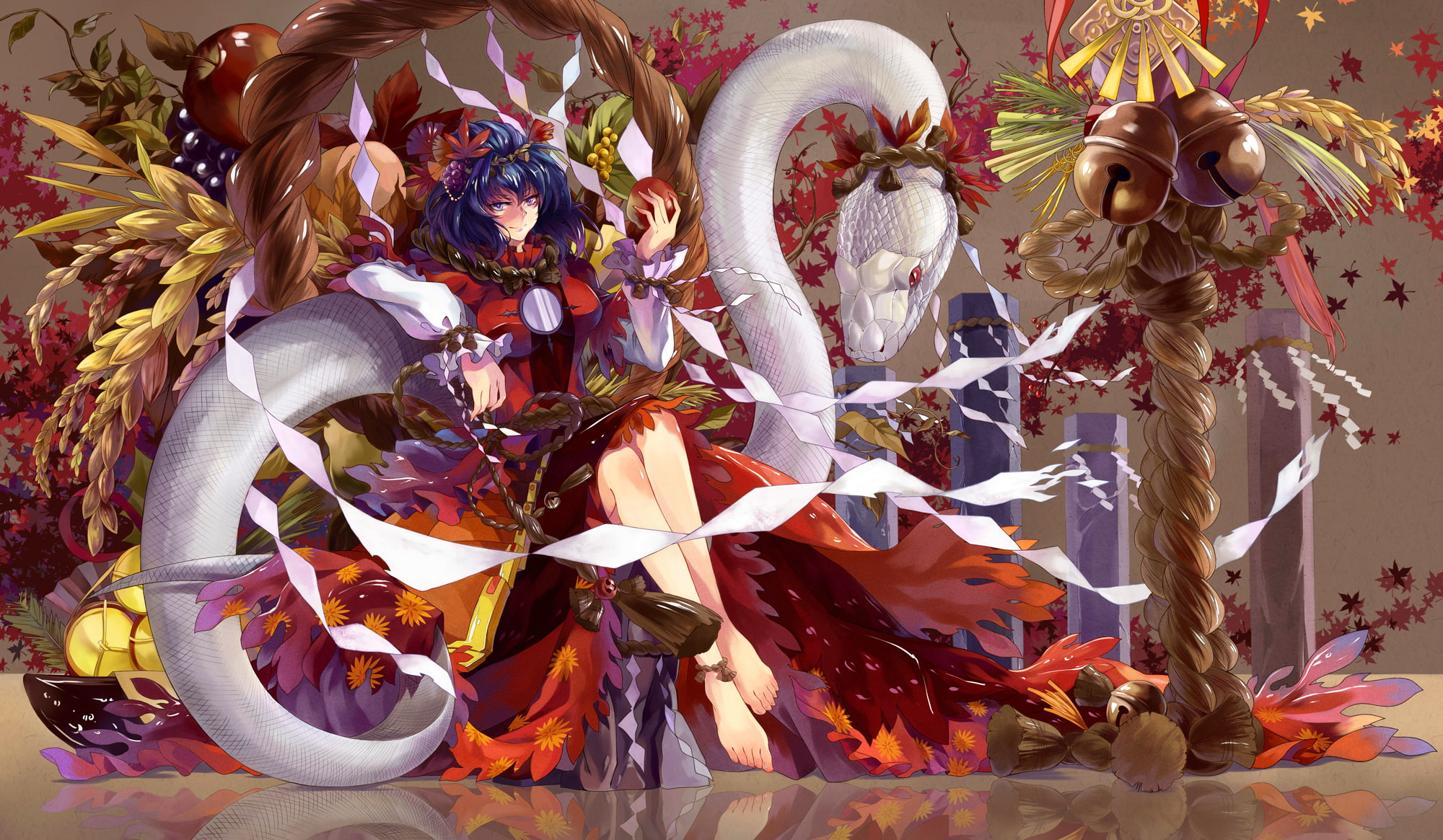 japanese, 1080P, touhou, yanshoujie, clothes, hair, apple, yasaka, kanako, neko, blue, barefoot, HD Wallpaper