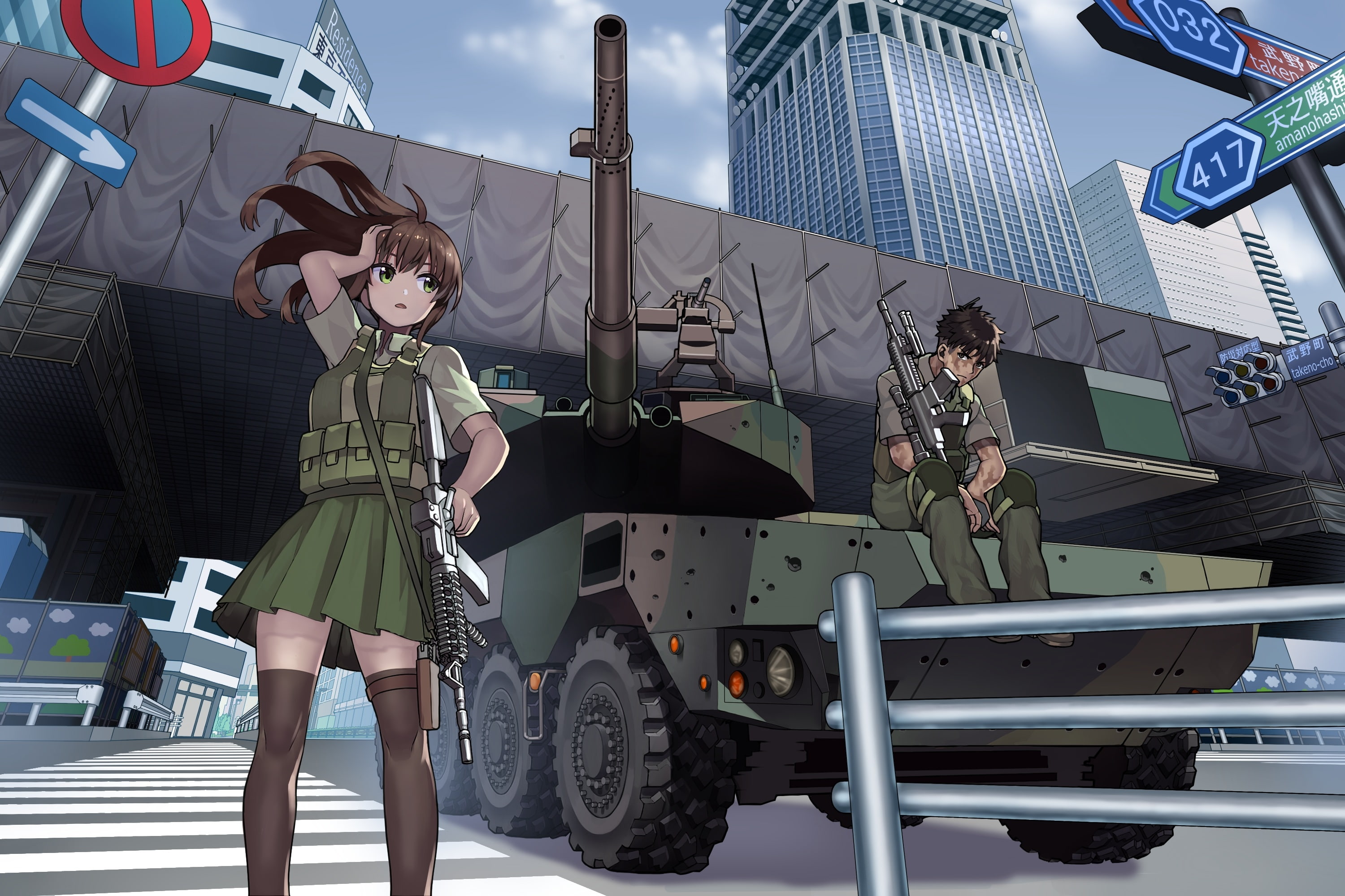 military vehicle, 2K, Anime, outdoors, guns, leisure activity, built structure, day, real people, full length, people, casual clothing, lifestyles, front view, HD Wallpaper