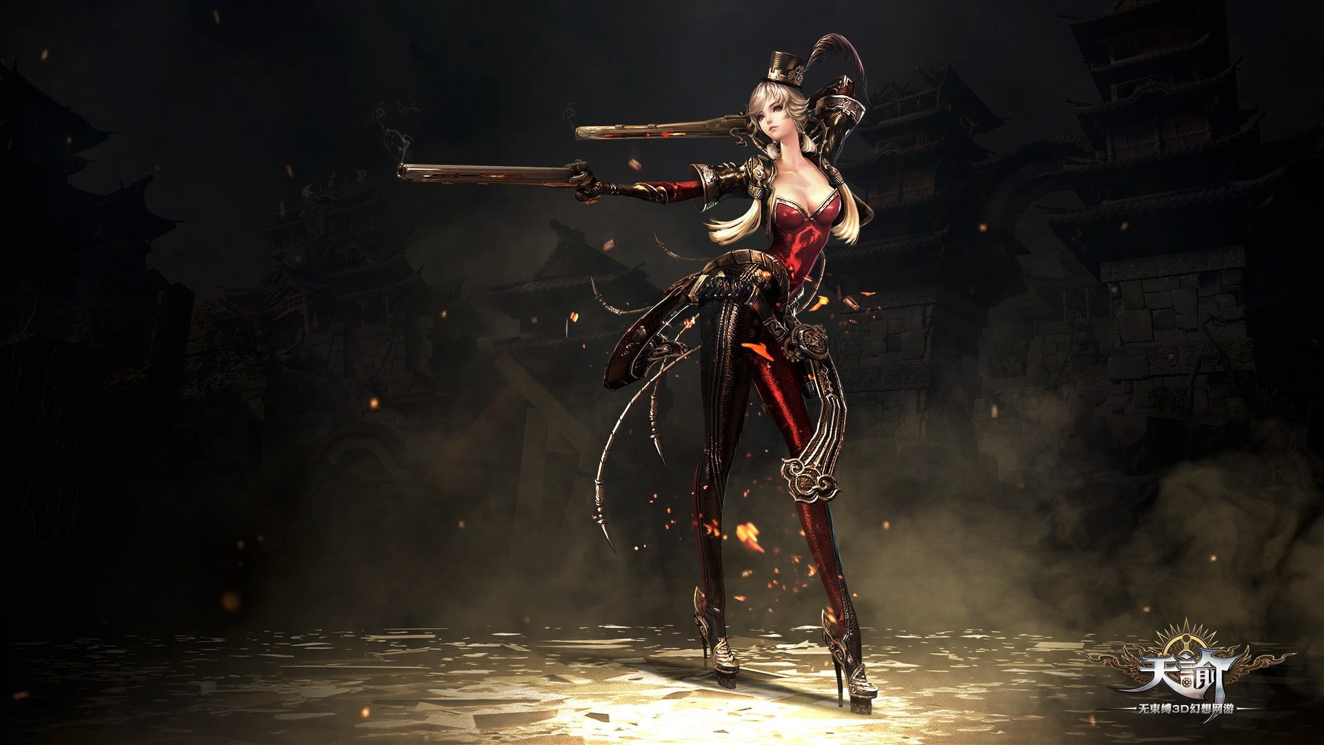blonde, gun, warrior, spark, blade, pistol, chinese game, shotgun, game, 1080P, rock, dust, online, oppai, hat, girl, red, Revelation Online, weapon, sword, HD Wallpaper