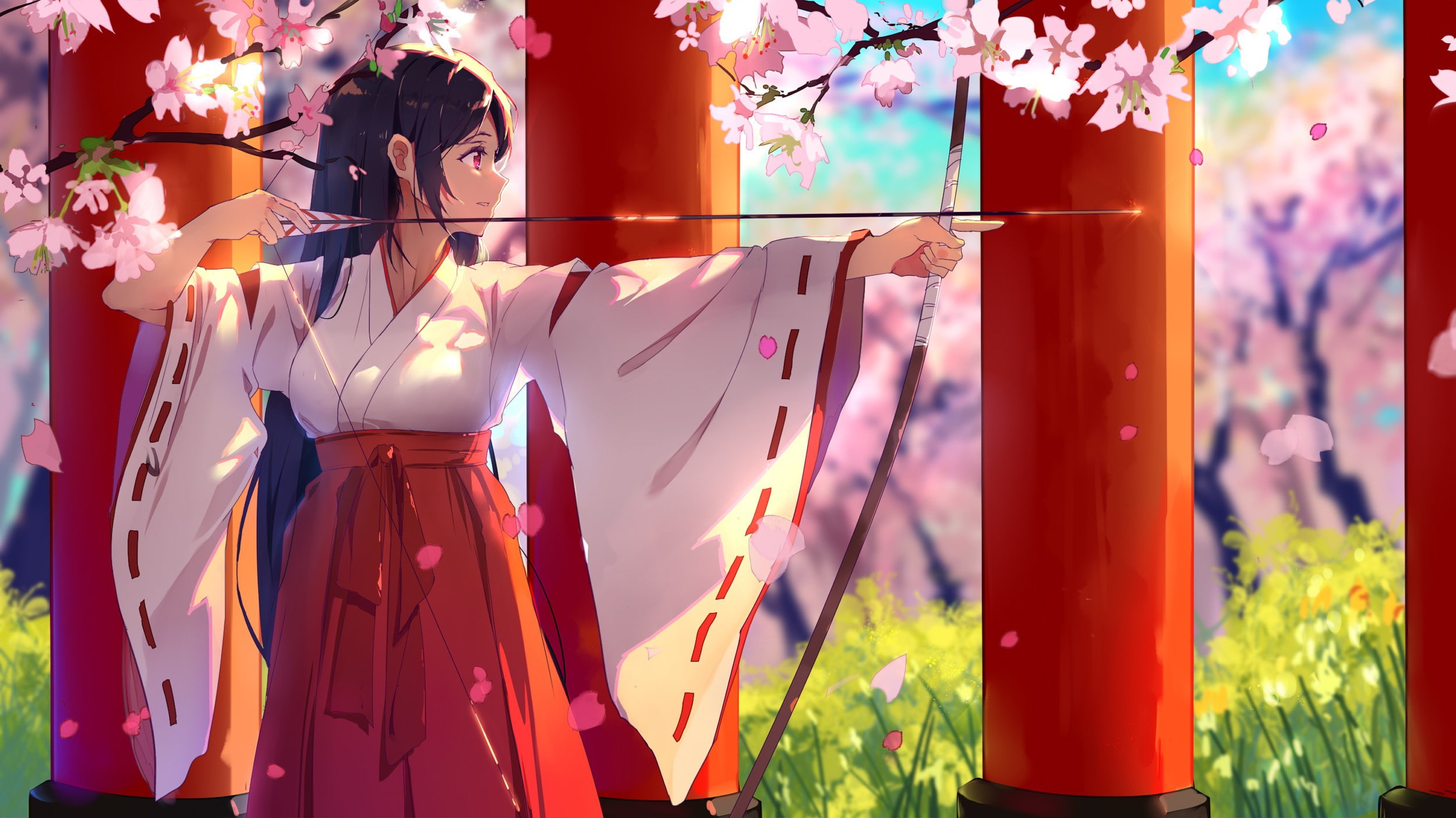 beautiful, miko, seifuku, arrow, japanese, sakura, brunette, bow, asiatic, oriental, girl, pretty, bishojo, asian, 1080P, anime, HD Wallpaper