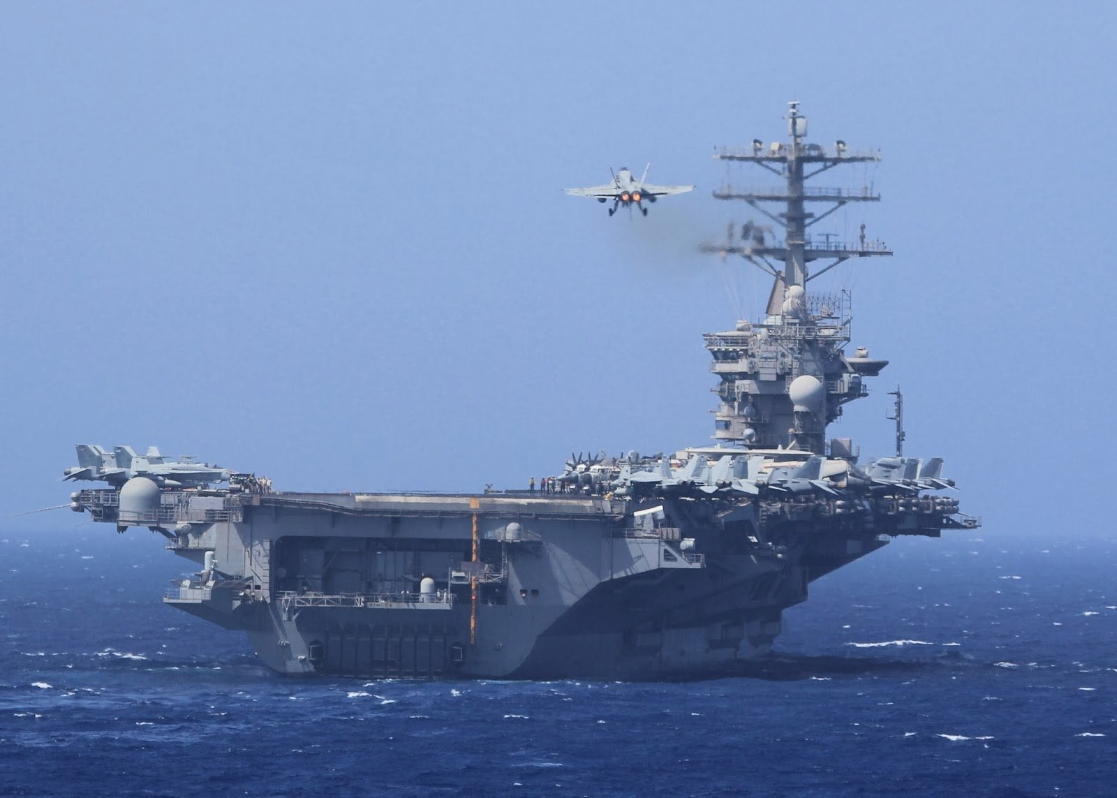 sky, outdoors, Warships, transportation, mode of transportation, sea, Warship, 720P, Boeing F/A-18E/F Super Hornet, no people, USS Nimitz (CVN-68), air vehicle, HD Wallpaper