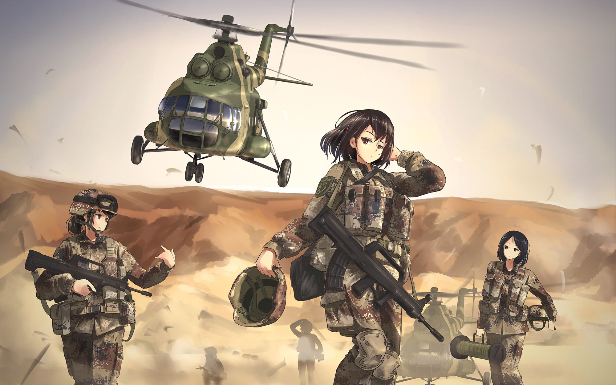 anime girls, girls with guns, TC1995, women, Mi-8, helicopters, military, weapon, 1080P, HD Wallpaper