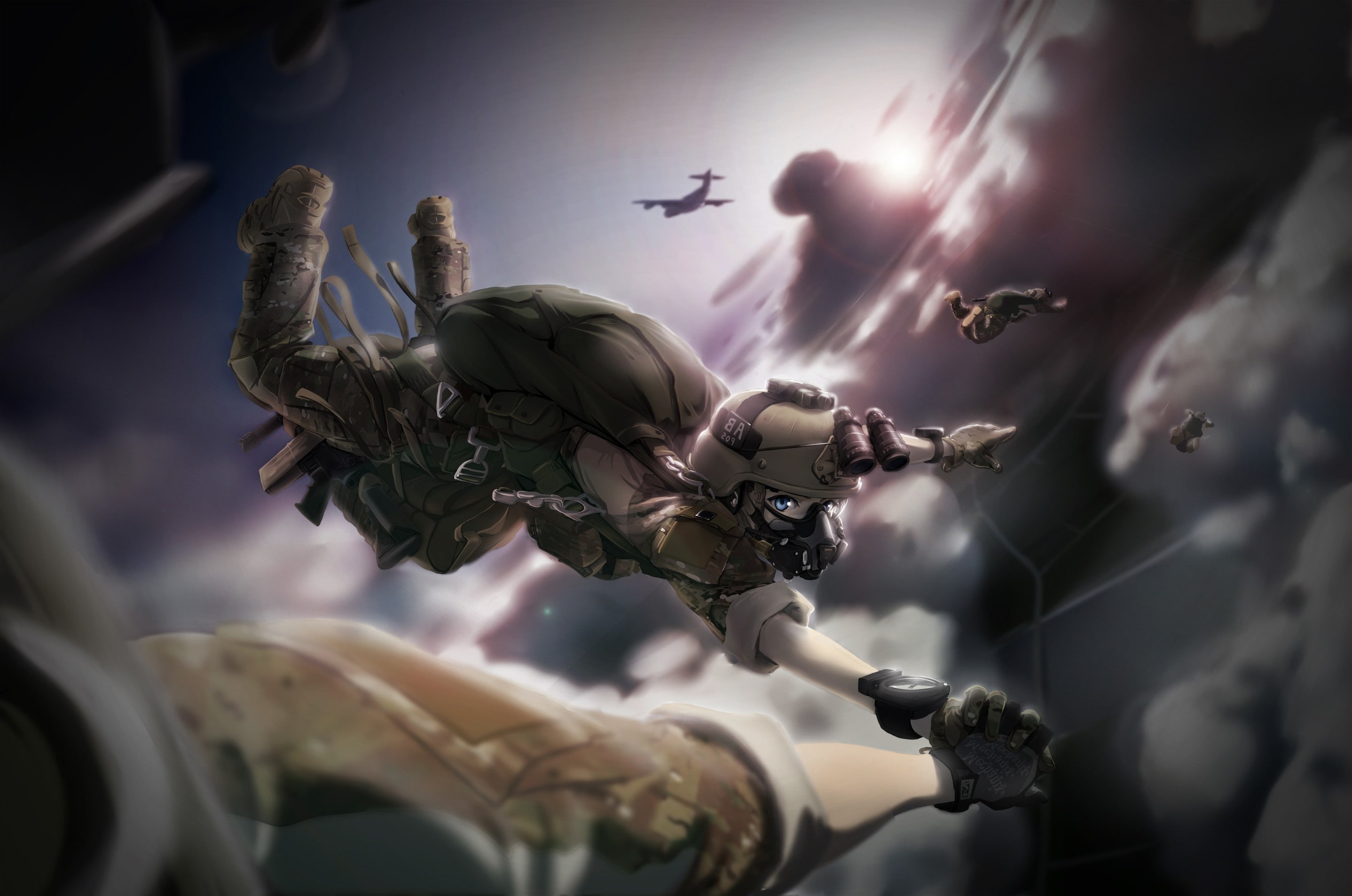 TC1995, military, 2K, Sky Diving, Anime Girls, HD Wallpaper