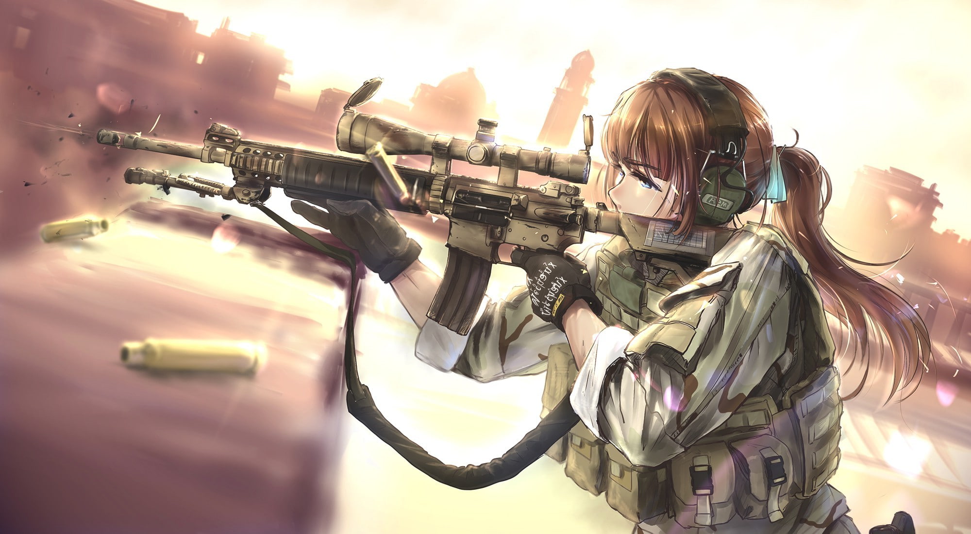 nature, holding, armed forces, aiming, rifle, standing, portrait, weapon, gun, 1080P, obscured face, Anime Girls, government, sunlight, one person, uniform, HD Wallpaper