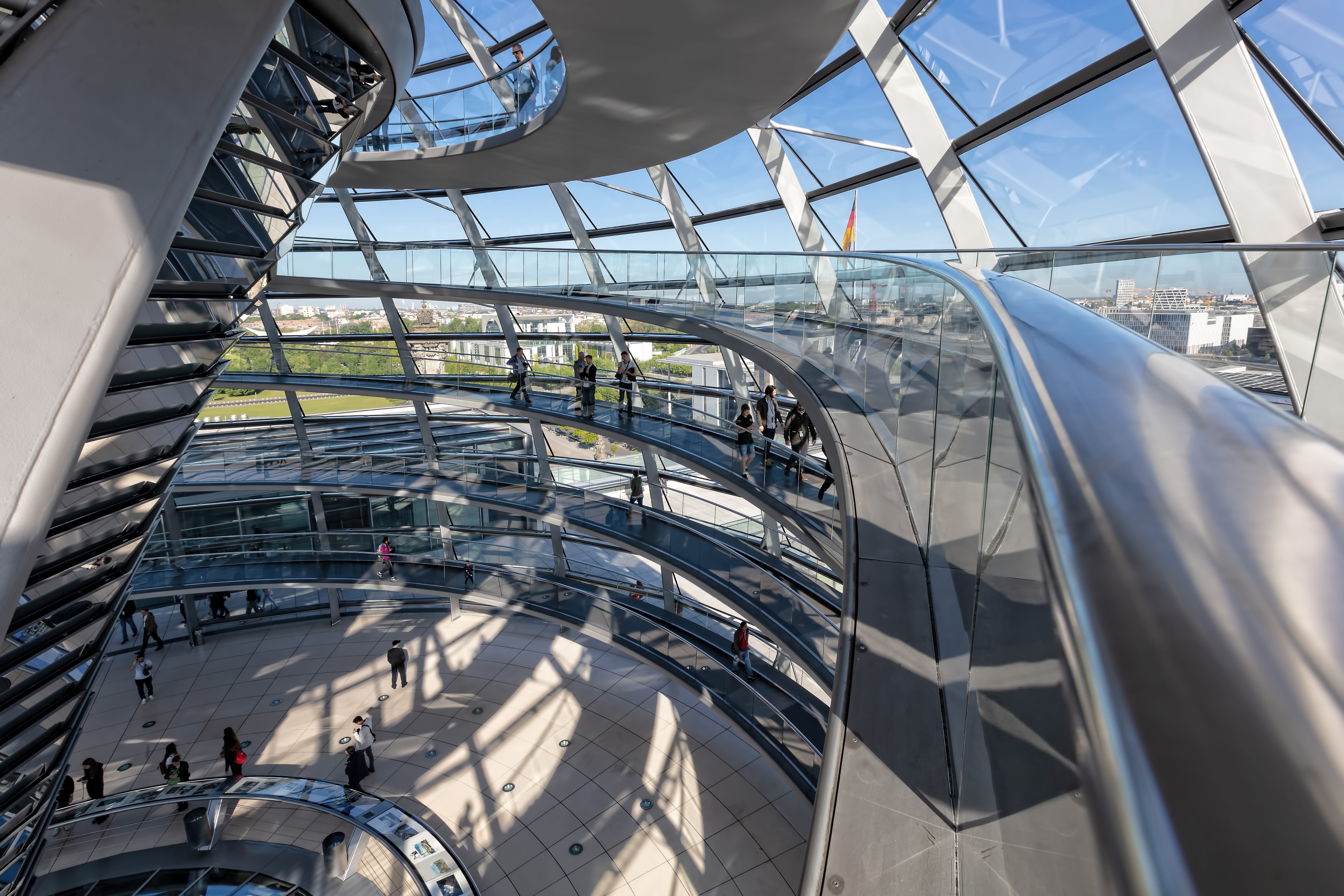 steel, reflection, travel destinations, outdoors, 5K, germany, high angle view, city, urban, tile, reichstag, glass, escalator, spiral, travel, handrail, HD Wallpaper