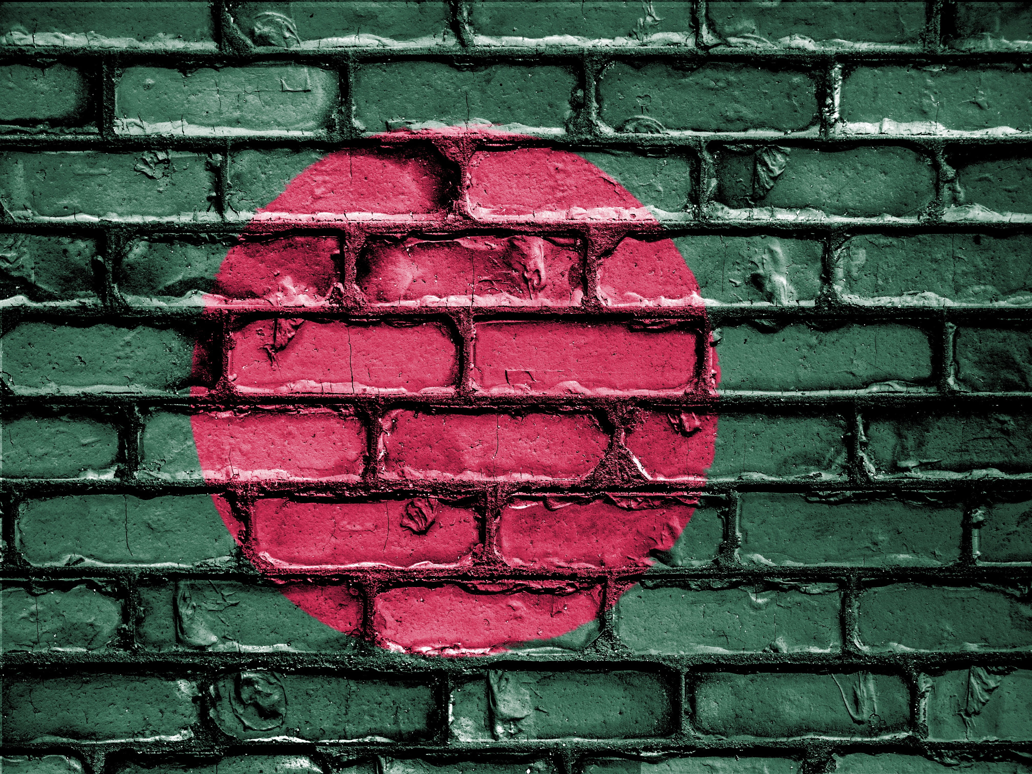 brick, textured, patriotic, graffiti, built structure, wall, architecture, flag, pink color, bangladesh, brick wall, banner, green, pattern, HD Wallpaper