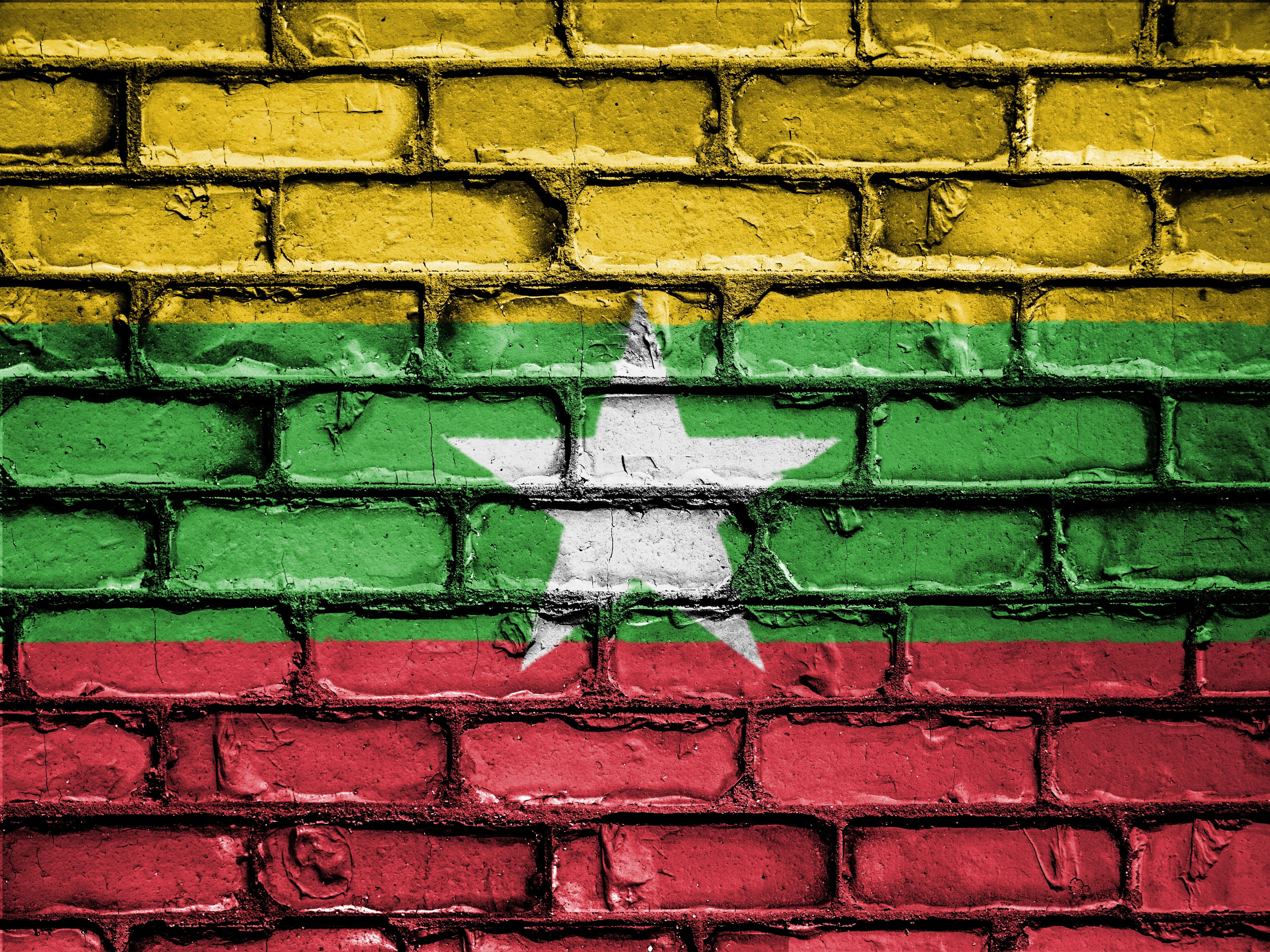 bricks, wall - building feature, 4K, flag, no people, building exterior, pattern, burma, graffiti, day, brick wall, red, emblem, banner, patriotic, symbol, HD Wallpaper