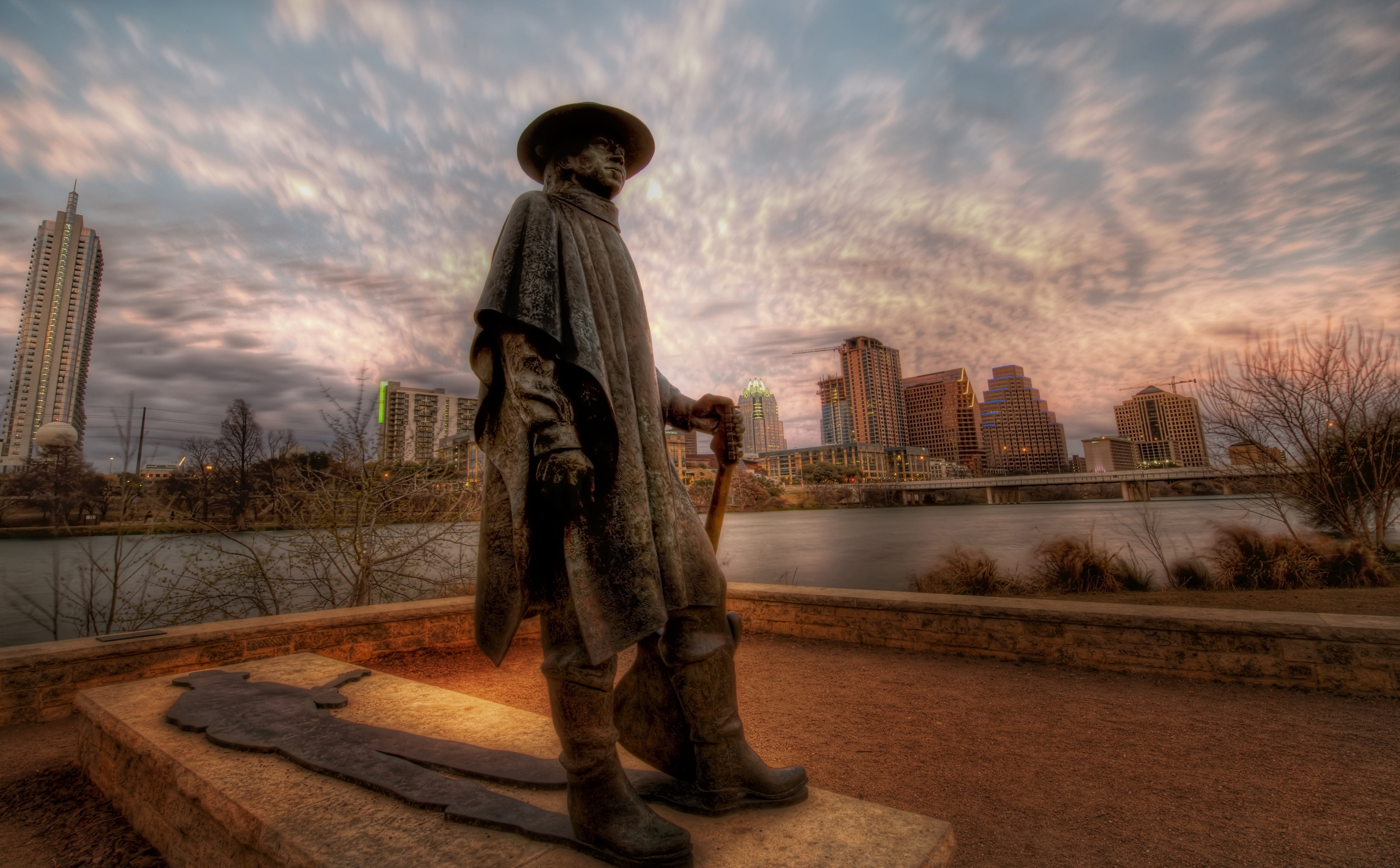 black, city, sunset, casual clothing, hdr, water, 5K, architecture, standing, cloud - sky, stevie ray vaughan, ray, Memorial, sky, real people, leisure activity, HD Wallpaper