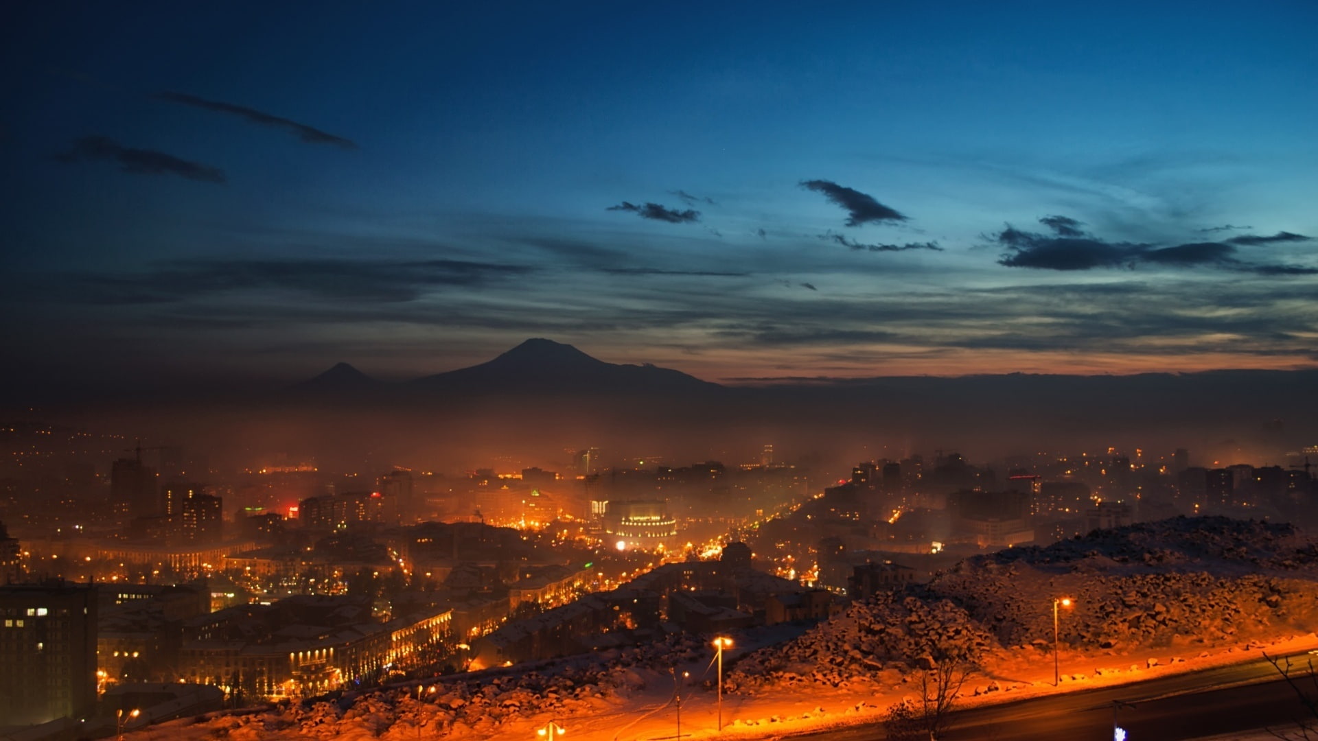 1080P, architecture, lights, outdoors, mountains, photography, building, mountain, high angle view, landscape, scenics - nature, Yerevan, city life, Armenia, HD Wallpaper