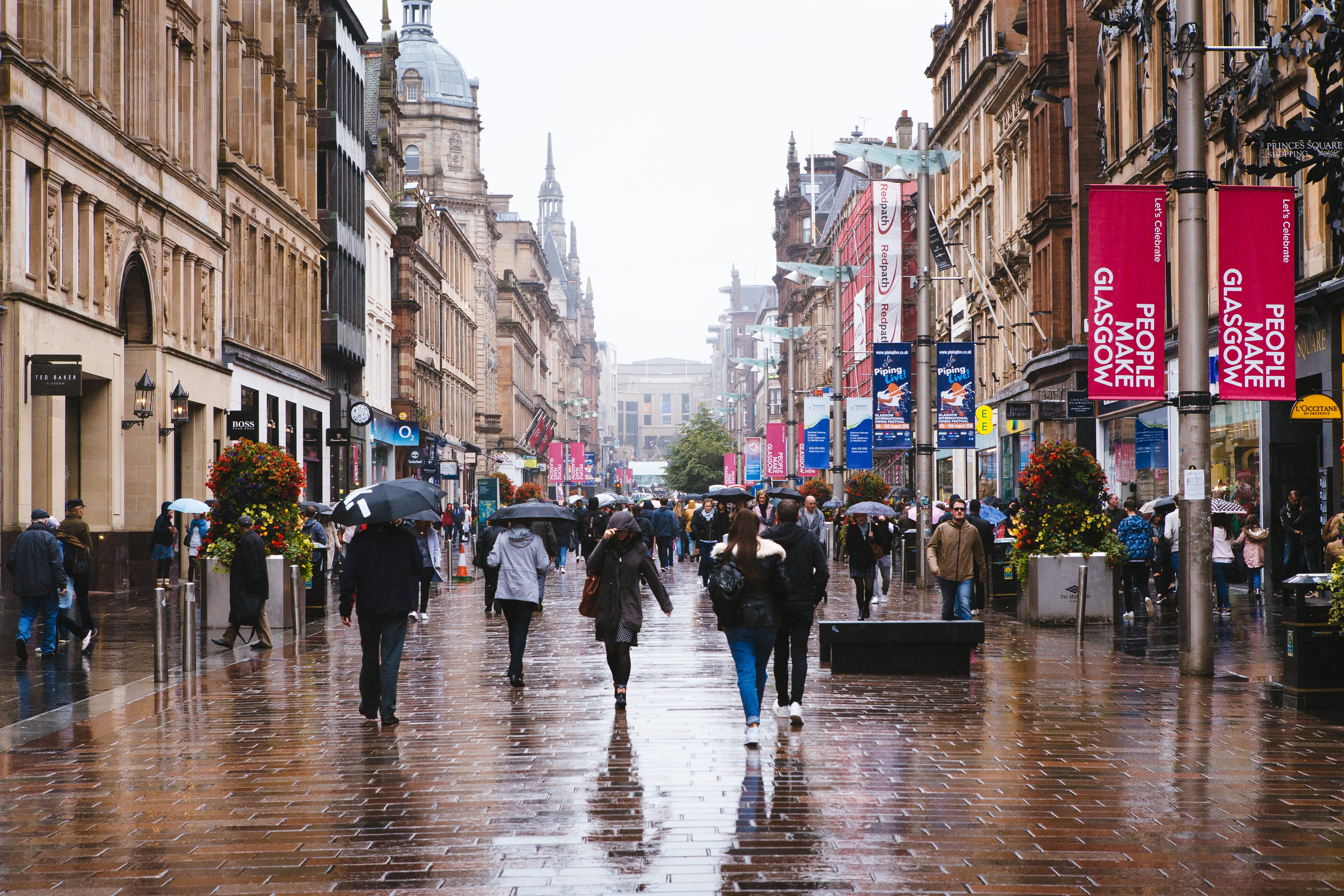 city street, city life, group of people, day, street, rain, real people, women, umbrella, walking, buchanan street, city, outdoors, scotland, large group of people, HD Wallpaper
