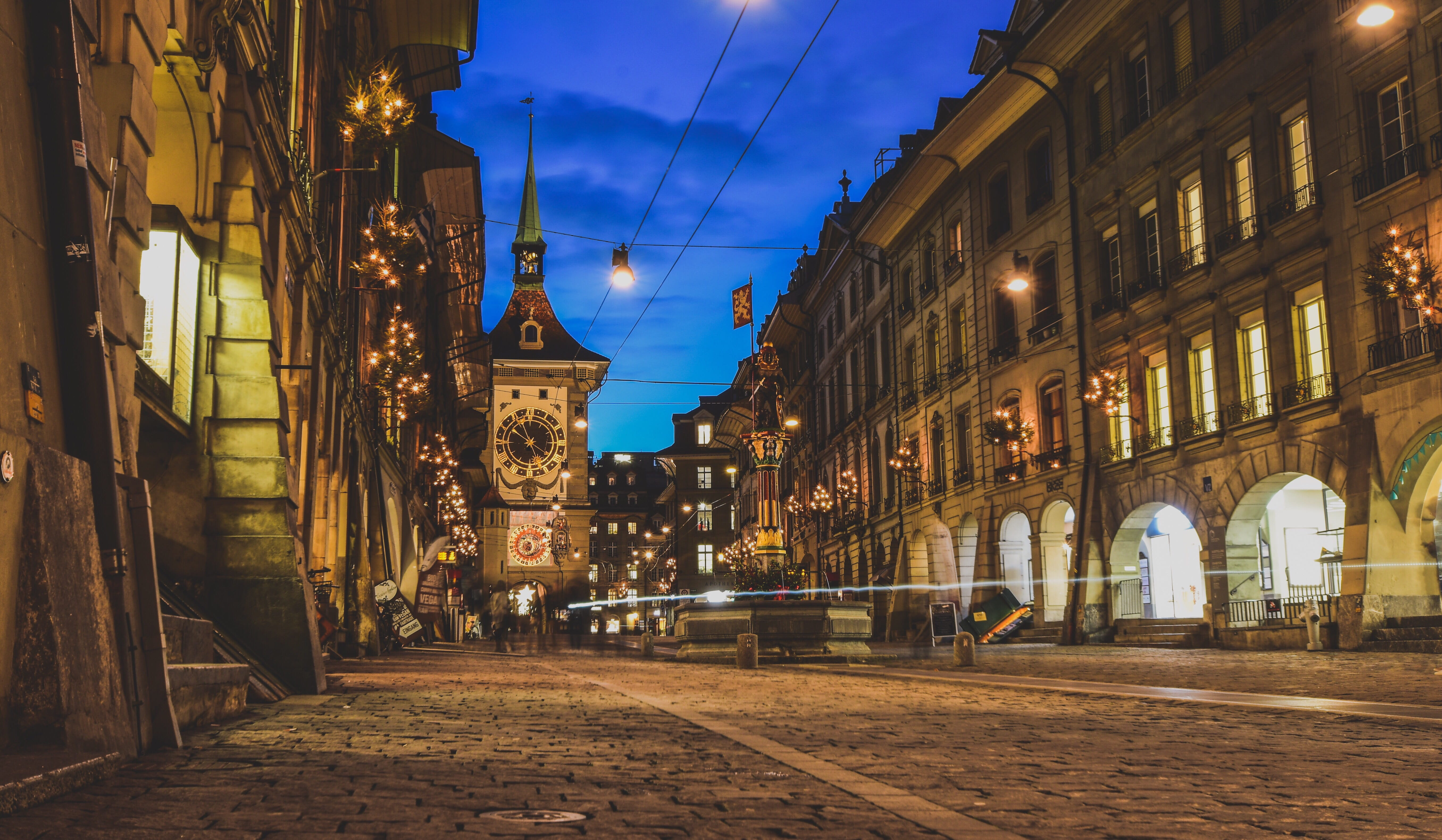 transportation, pavers, the way forward, street, architecture, building, tower, illuminated, nature, clock, night, paved, residential district, fountain, HD Wallpaper