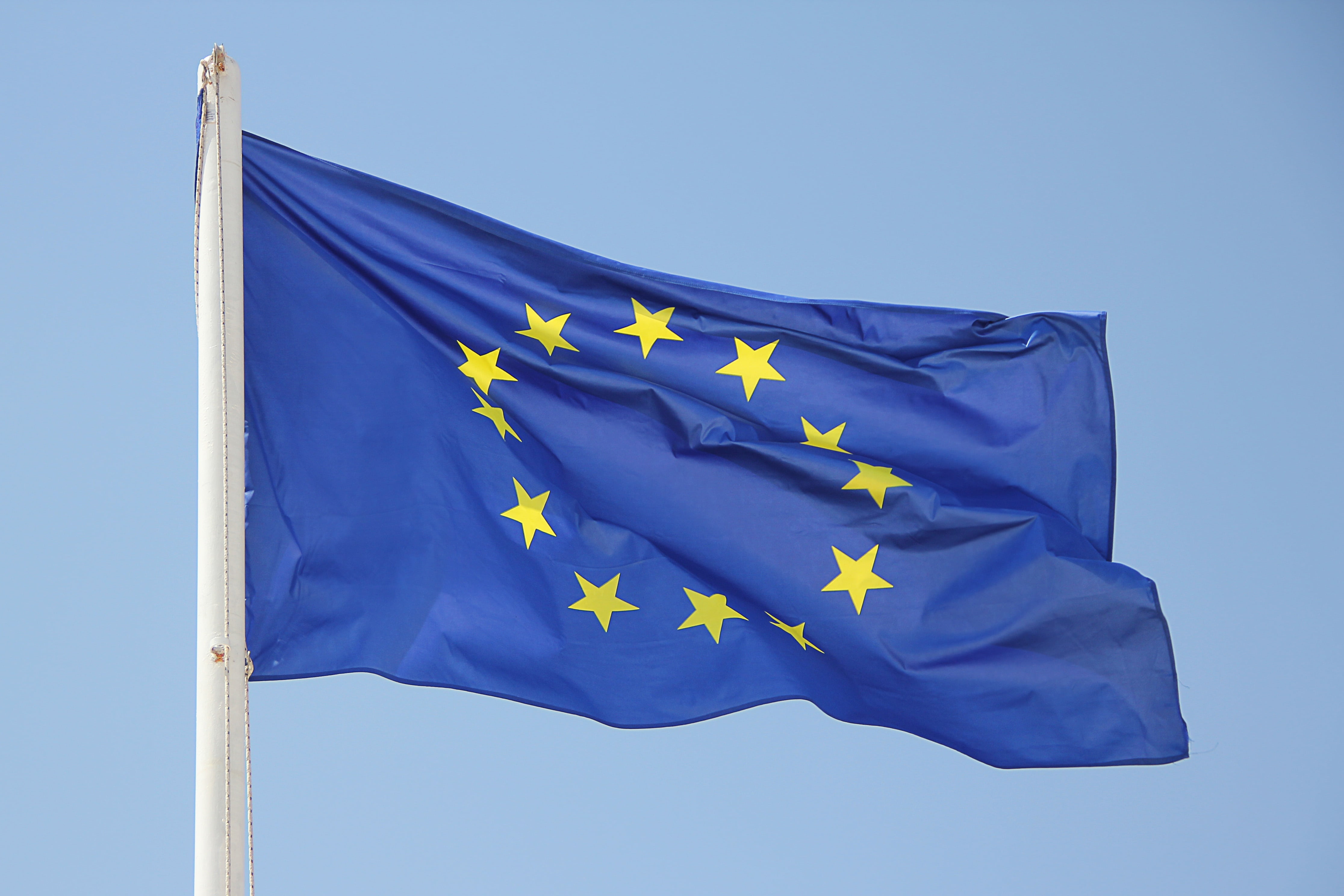 blue background, environment, wind, print, close-up, euro states, star, patriotism, 4K, sky, country, waving, europe, blue, studio shot, flag, international, HD Wallpaper