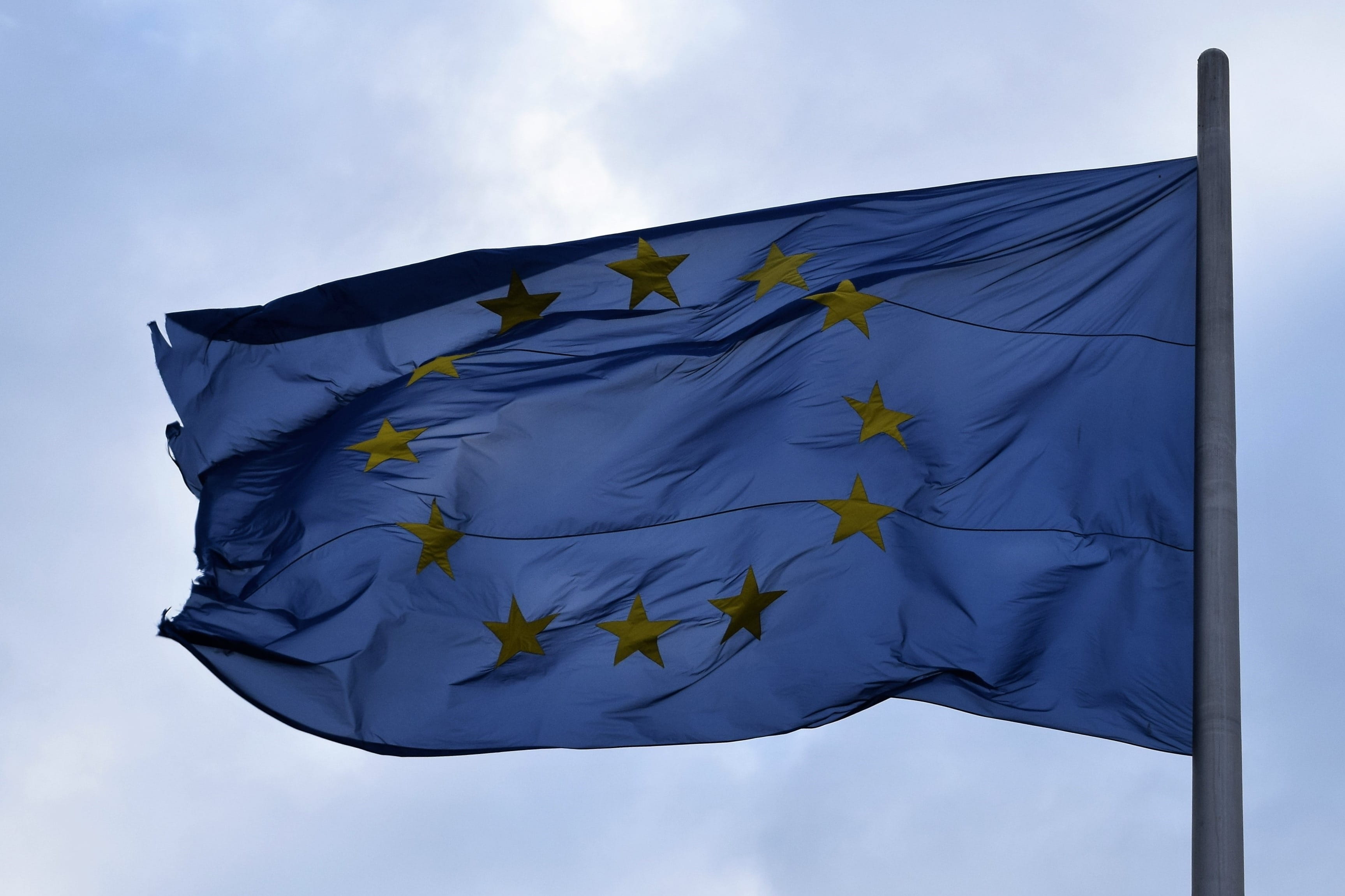 flag, windy, European, patriotism, textile, sunny, star shape, blue, low angle view, stars, eu, union, shape, Eu, sky, outdoors, nature, yellow stars, pole, HD Wallpaper