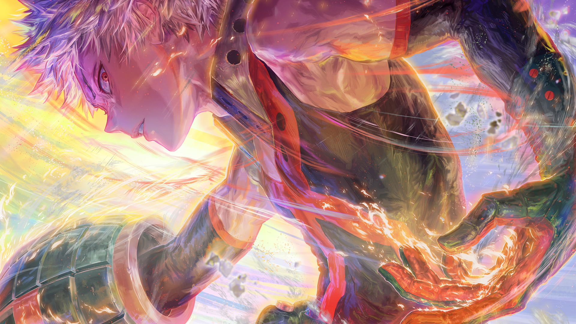 pattern, nature, flowing, anime, 1080P, character, backgrounds, creativity, water, digital art, no people, white, day, indoors, abstract, Katsuki Bakugou, HD Wallpaper