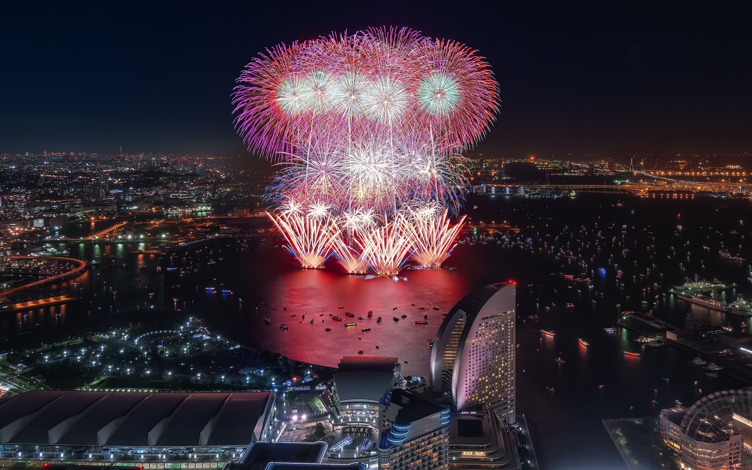 japan, night, fireworks, holiday, city, cityscape, 2K, HD Wallpaper