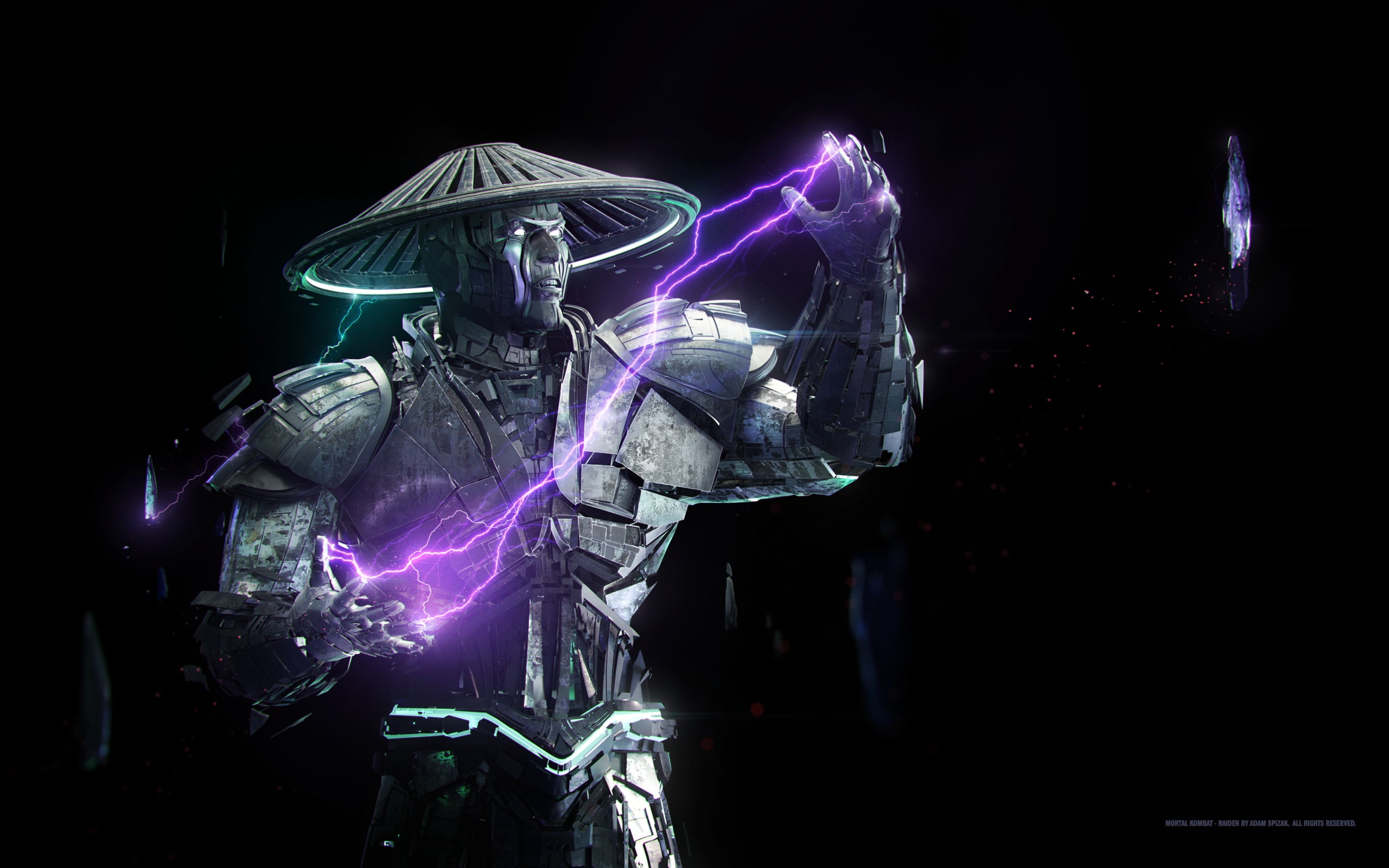 Raiden, magic, fantasy art, warrior, fighter, fantasy, simple background, lightning, 2K, digital art, hat, game, Adam Spizak, black background, artwork, HD Wallpaper