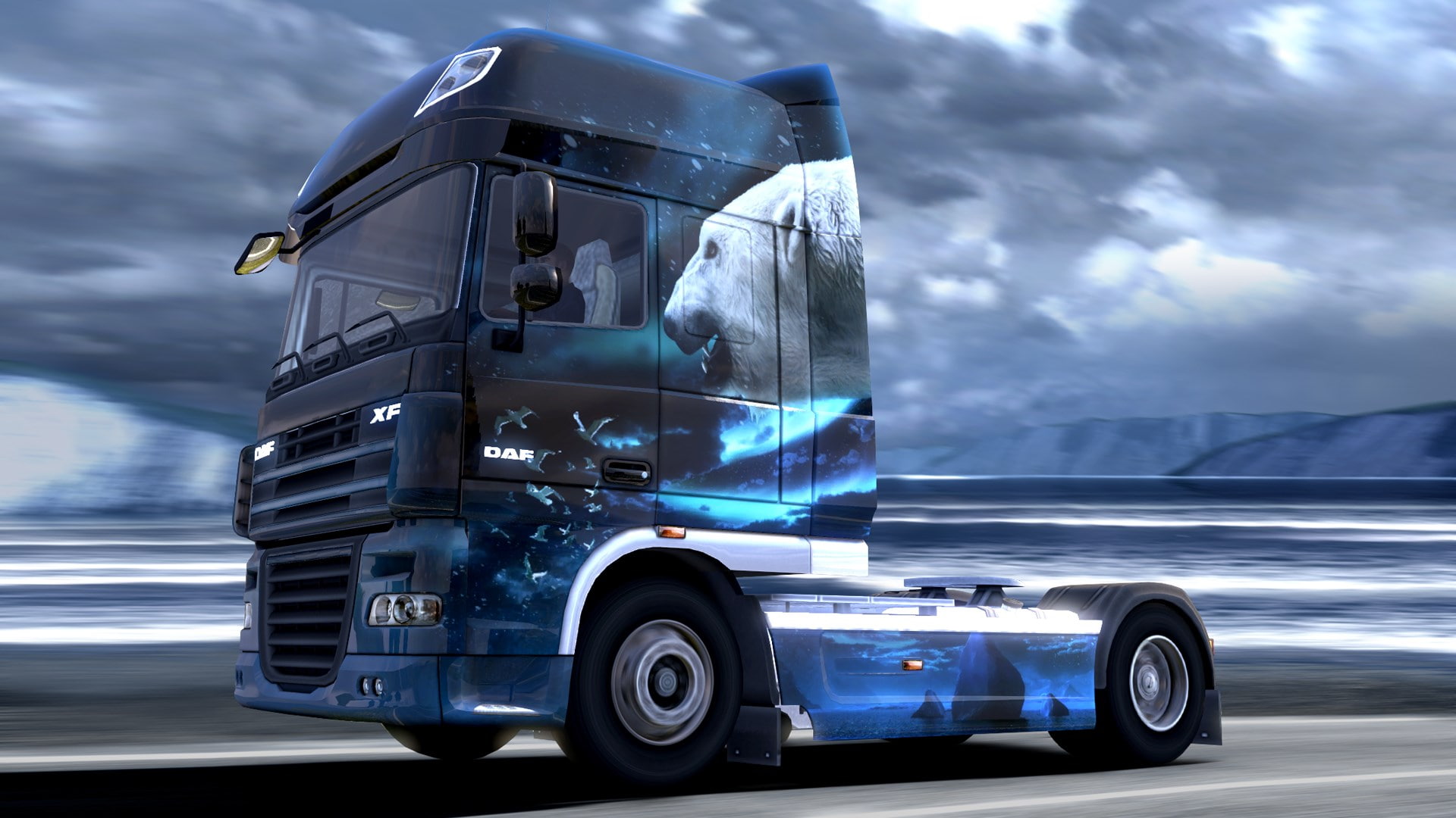Euro Truck Simulator 2, blurred motion, freight transportation, driving, road, business, motor vehicle, reliability, truck, commercial land vehicle, sky, HD Wallpaper